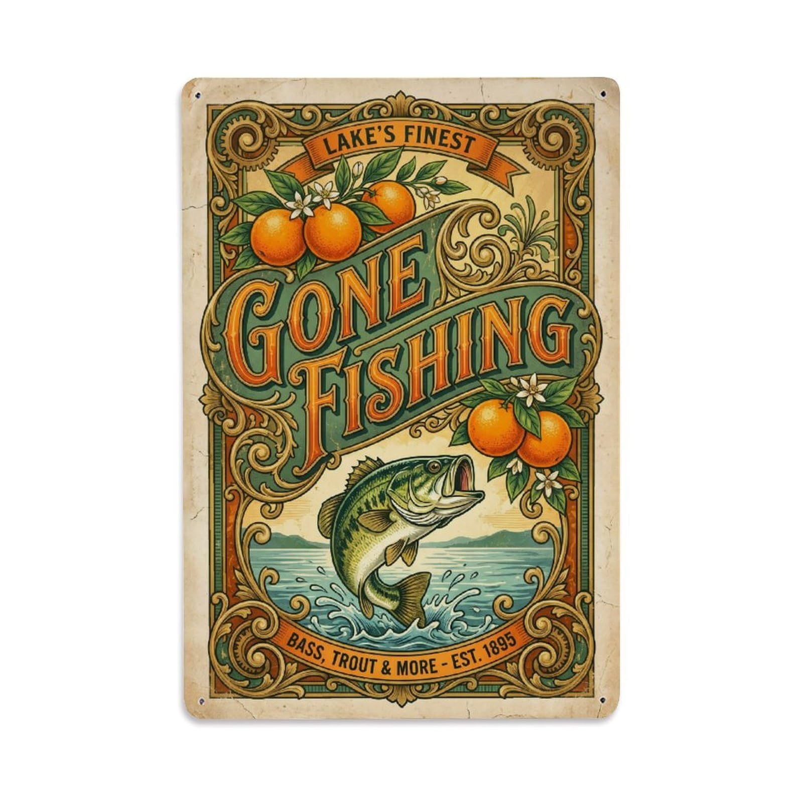 Gone Fishing Fishing Time Vintage Metal Tin Sign Plaque Wall Decor for Cafe, Club, Garden Metal Poster 8x12Inch