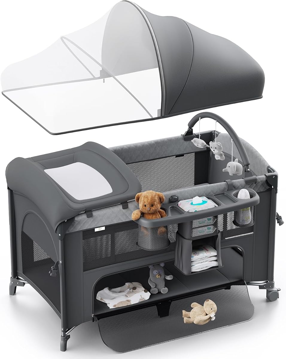 Obee Odee 4 in 1 Baby Bassinet, Pack and Play, Bedside Crib Sleeper, Diaper Changer - Comes with Mattress, Mosquito Net, Bottom Storage and Toy Bar for Newborn to Toddles
