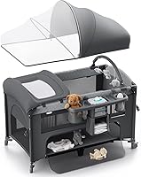 ObeeOdee 4-in-1 Baby Bassinet Pack n Play: Bedside Crib, Sleeper, Diaper Changer w/ Mattress, Mosquito Net, Toy Bar & Storage