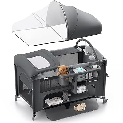 4 in 1 Baby Bassinet, Pack and Play, Bedside Crib Sleeper, Diaper Changer - Comes with Mattress, Mosquito Net, Bottom Storage and Toy Bar for Newborn to Toddles