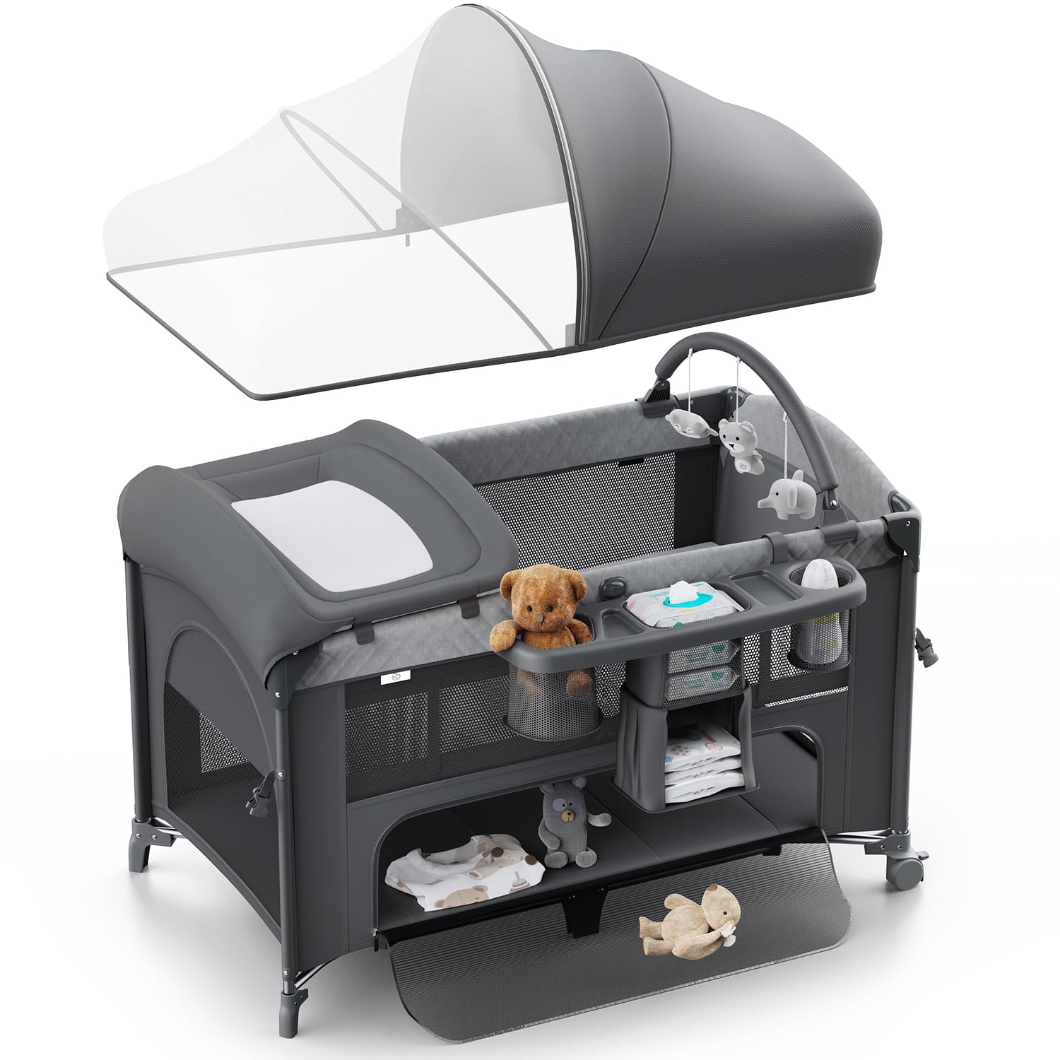 4 in 1 Baby Bassinet, Pack and Play, Bedside Crib Sleeper, Diaper Changer - Comes with Mattress, Mosquito Net, Bottom Storage and Toy Bar for Newborn to Toddles