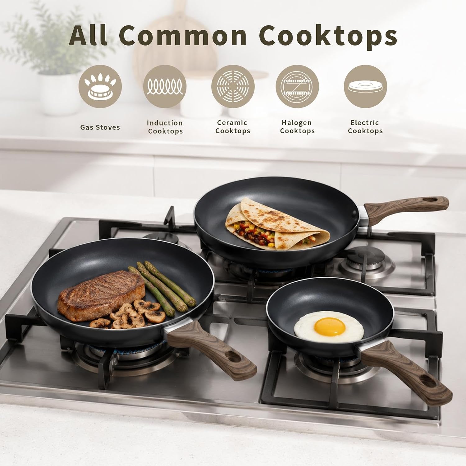 Non Stick Frying Pans - 3 Pieces Skillet Set Includes 3 Sizes (8"/10"/12"), Silicone Heat Resistant Handles, PFOA PFAS Free Coating, Oven Dishwasher Safe Even Heat, All Stovetop Compatible