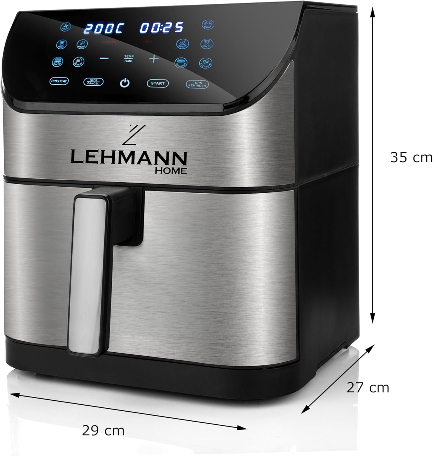 LEHMANN Air Fryer with dimensions labeled