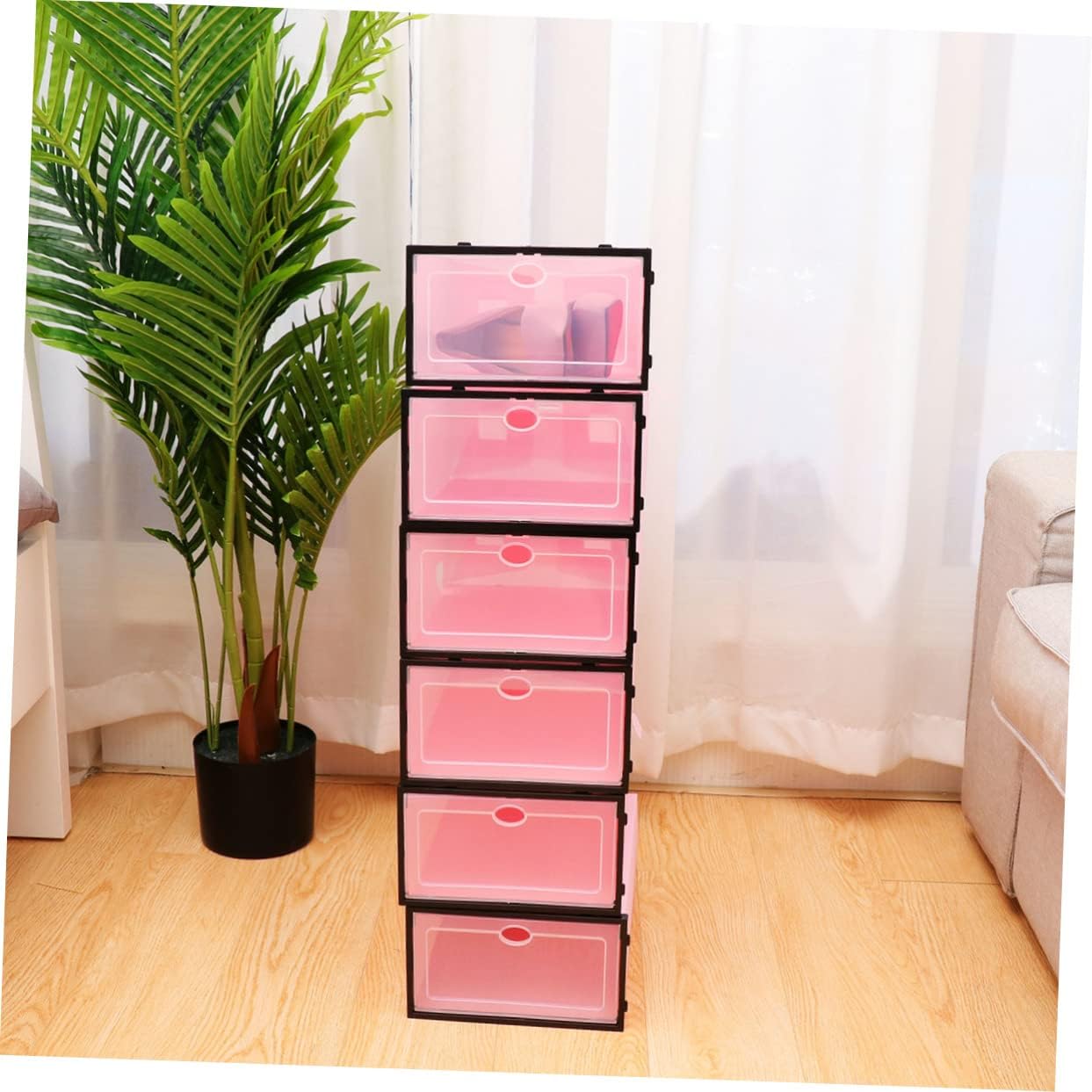HEALLILY 6Pcs Stackable Shoe Container Thicken Transparent Shoe Box with Black Frame Storage for Closet and Entryway for Organizing Footwear Pink