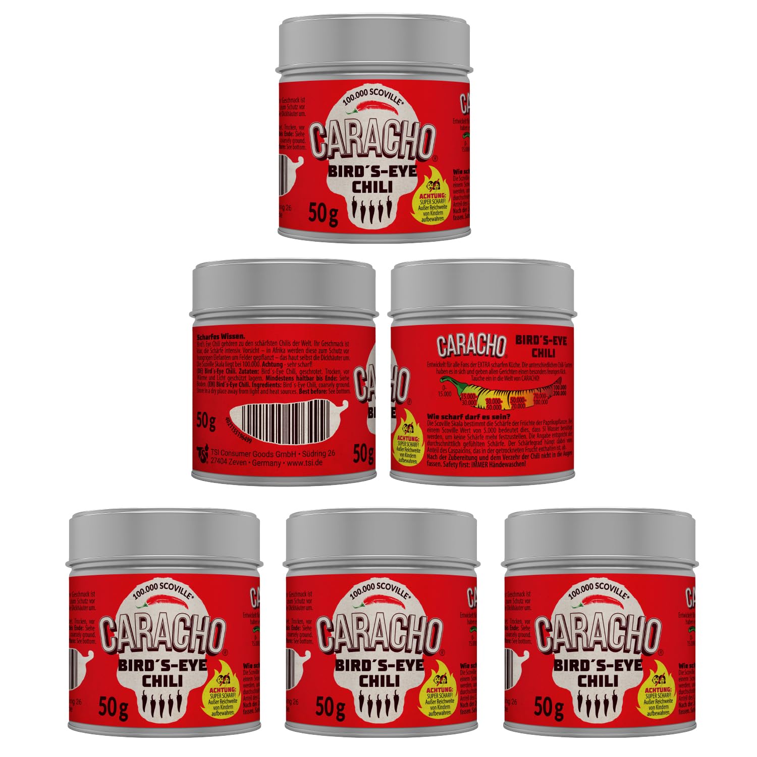 CARACHO Scoville - Lote de 50 g de copos de chile (50 g, 100 % extremadamente afilados), color blanco