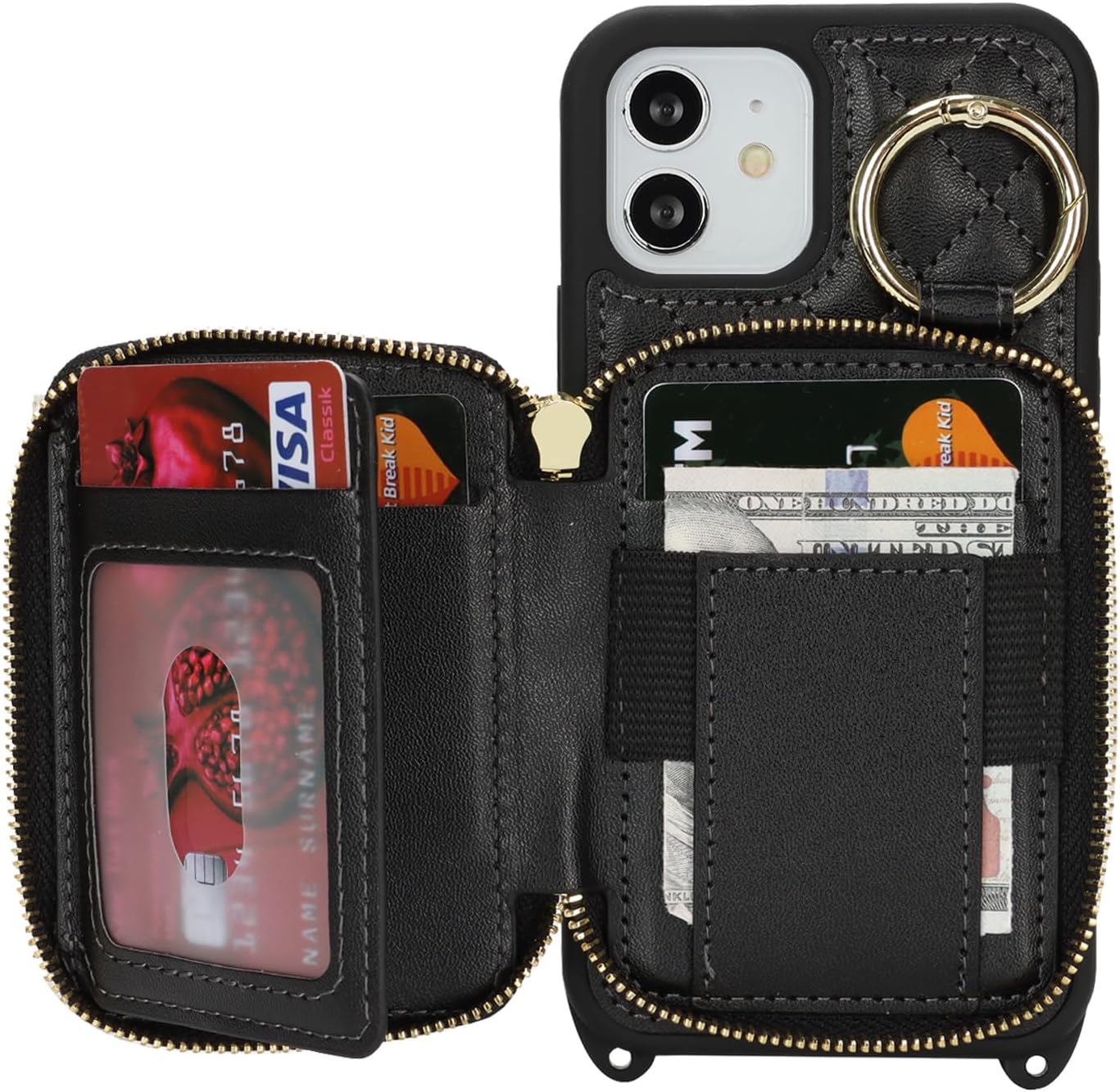 Crossbody Wallet Case for iPhone 12, PU Leather Zipper Handbag Purse Flip Cover, Kickstand Folio Case with Card Slots Holder Wrist Strap Lanyard 5G 6.1 Inch-Black