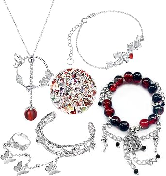Zaky Heaven Officials Blessing - Tian Guan Ci Fu Cosplay Necklace Hua Cheng Xie Lian Bracelet Character Sticker Set of 14 Pieces, Metal, No Gems, Metal, No Gemstone