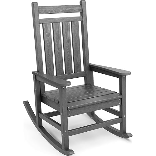 SERWALL Oversized Rocking Chair, Outdoor Rocking Chair for Adults, All Weather Resistant Porch Rocker for Lawn Garden, Grey