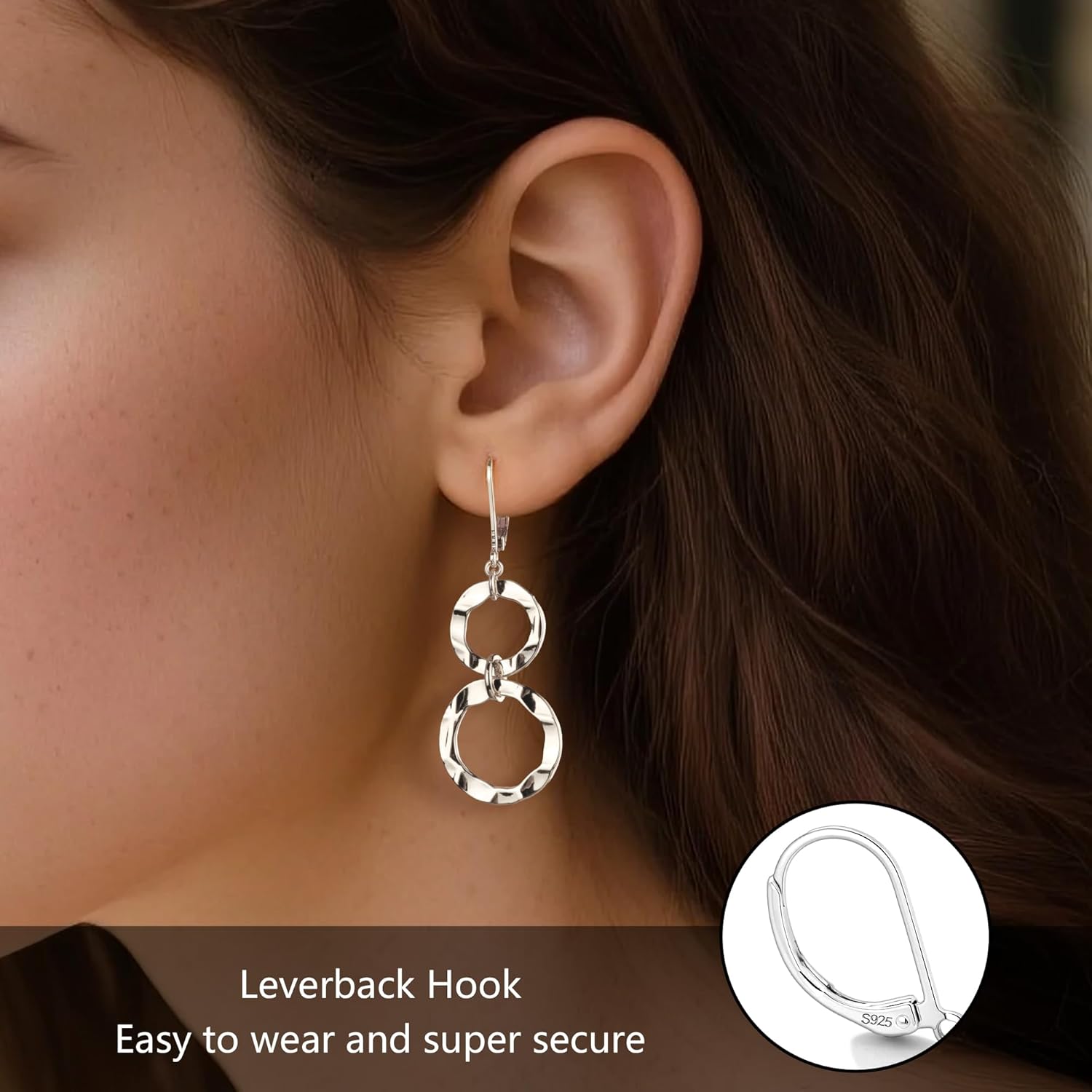 ALEXCRAFT 925 Sterling Silver Hypoallergenic Leverback Double Circle 14K Gold Dangle Earrings for Women, Drop Handmade Hammered Round Earring Dangling Dangly Minimalist Boho Earings - Image 4