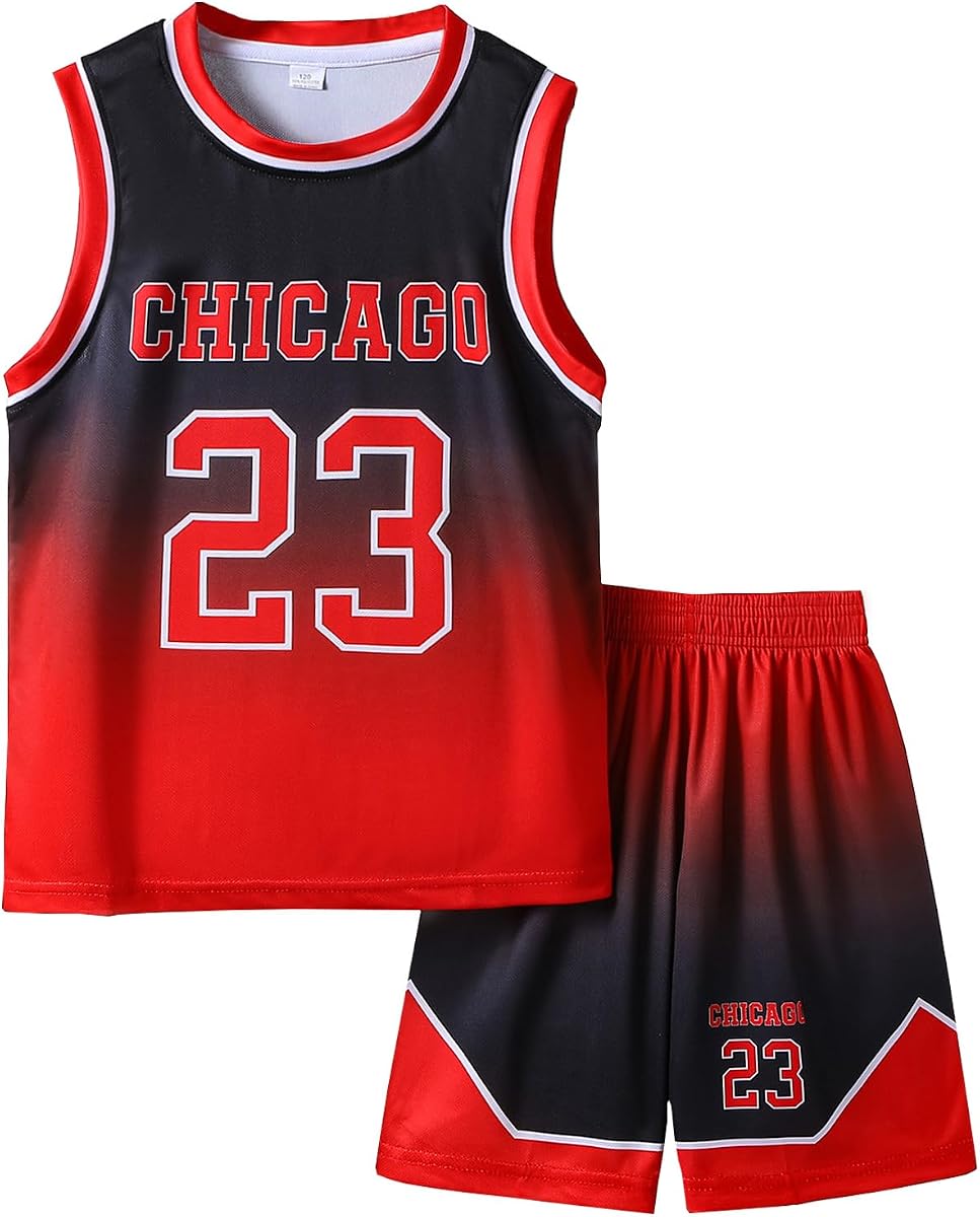 Camiseta de baloncesto 23# Conjunto de uniforme degradado para niños de 6 a 16 años | Camisetas de baloncesto para niños, niñas, jóvenes, 2 piezas: camiseta sin mangas y pantalones cortos, rojo, azul, lavable a máquina, conjunto de baloncesto