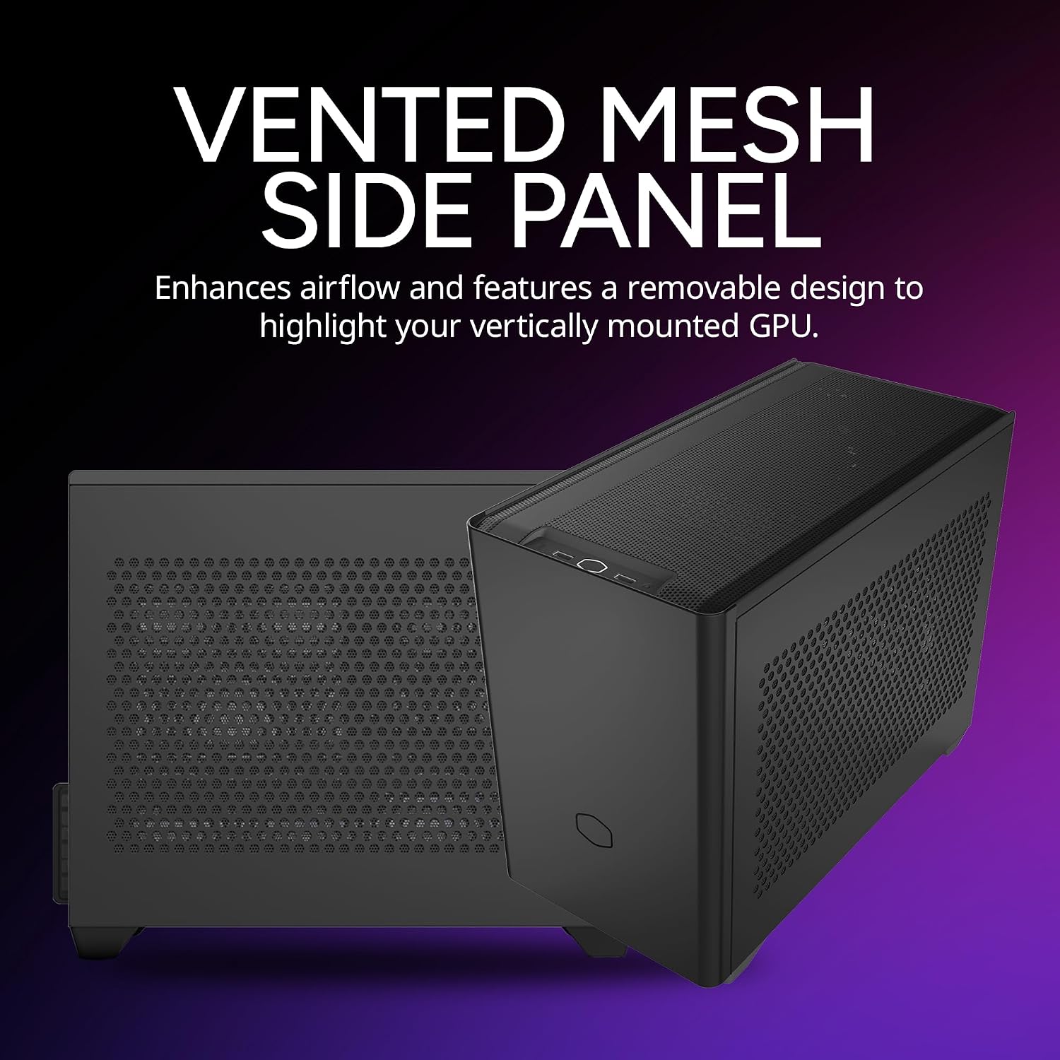Cooler Master NR200 case with a vented mesh side panel, highlighting its airflow design.