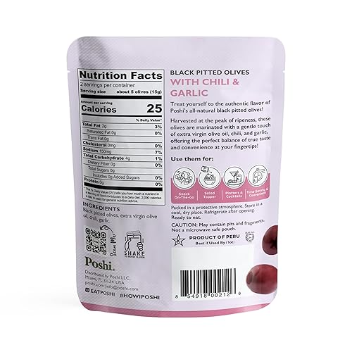 Vista 28 de Poshi Olives + Veggies Variedad de aceitunas enteras sin hueso de 4 sabores Poshi 4 sabores Vegano, Kosher, sin gluten + Snacks saludables