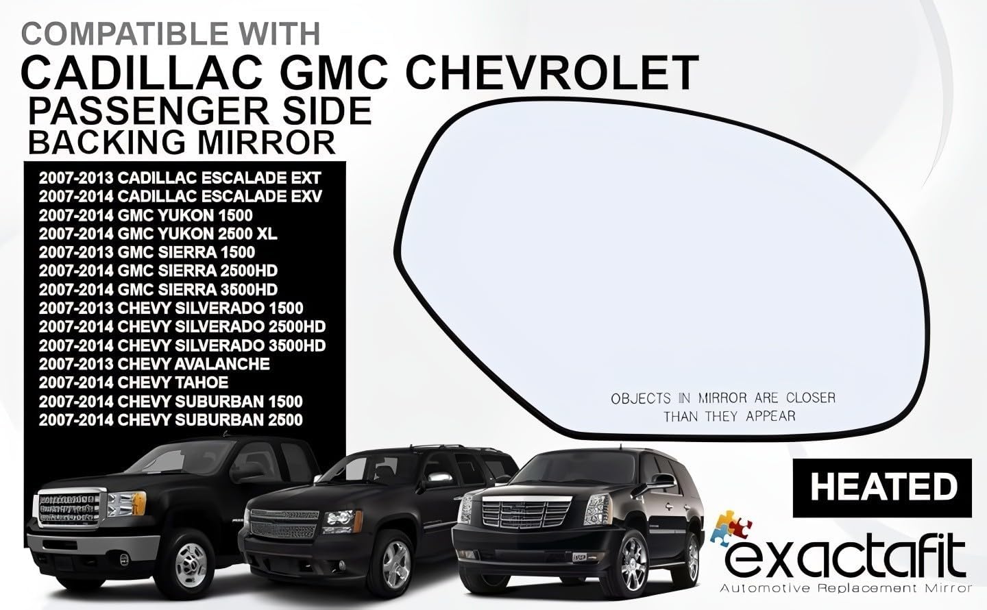 Passenger Side Mirror Glass For 2007-2014 Chevy Silverado Avalanche Tahoe Suburban, GMC Sierra Yukon, Cadillac Escalade Right Door Rear View Mirrors Heated 15886198