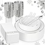 Supernal 200pcs Silver Plastic Dinnerware Sets for 25 Guests included Silver Silverware Set & Plastic Plates heavy duty Disposable Cups and Paper Napkins Disposable for Party Birthday and Wedding