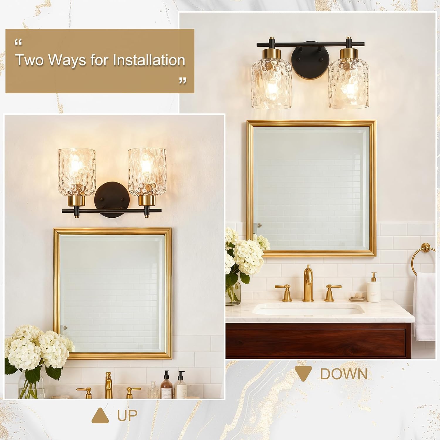 2 Light Black and Gold Vanity Light, Farmhouse Vanity Lighting Fixtures Over Mirror with Hammered Glass, Rustic Vanity Lights for Bathroom Lights Makeup Room