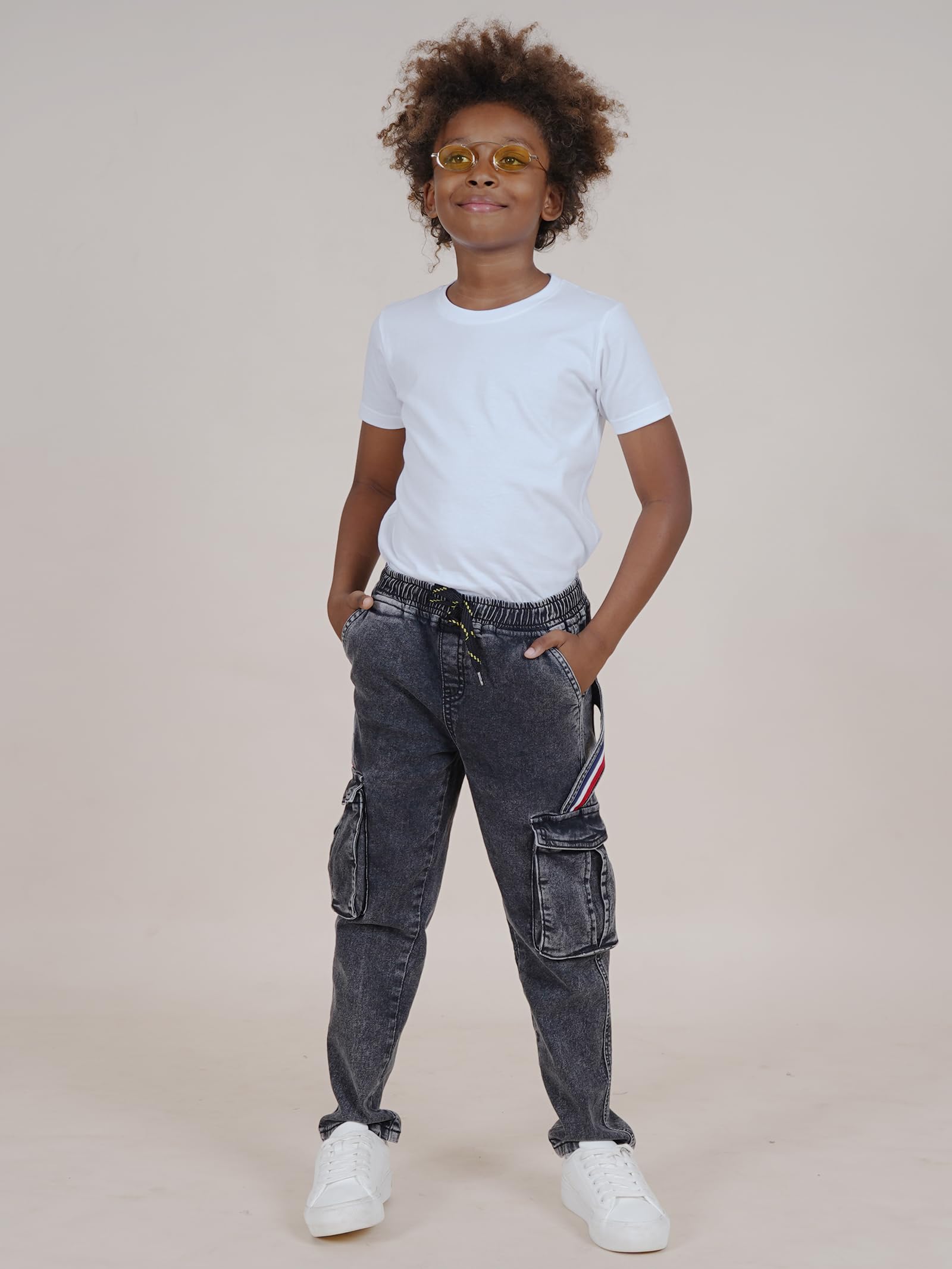 KiddoPanti Boys Full Length Cargo Pocket Denim Jean with Side Strap & Elasticated Drawstring, Black Acid Wash, 1-2Y - Image 5 thumbnail