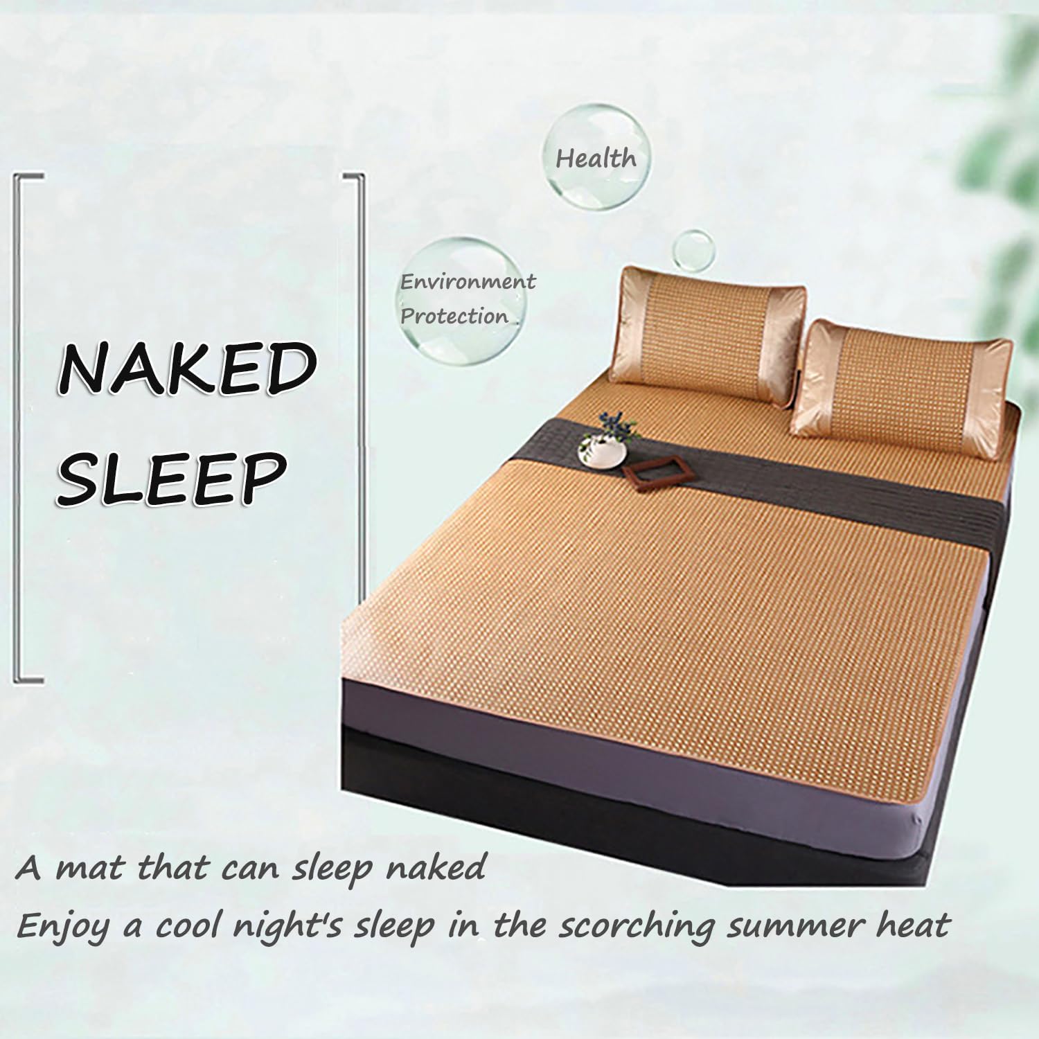 Foldable Summer Rattan Sleeping Mat, Mattress Topper with Straps Cool Mat, Double Single Bed Mat Cool Sleeping Mattress for Home School Dormitory