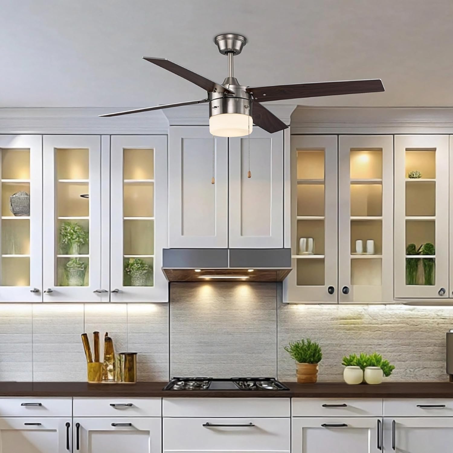 Winslow 48-Inch LED Ceiling Fan with Light | Brushed Nickel Finish | 5-Blade Indoor Fan with Pull Chains | Integrated 22W LED Light Kit | Opal Glass Shade | Modern Ceiling Fan