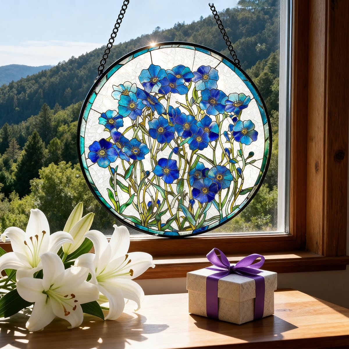 Greatingreat Forget Me Not Stained Glass Window Hanging, Home Room Decor 7.8 Inch Sun Catchers Indoor Window, Whimsical Decor Birthday Gifts for Women, Floral Lover Suncatcher