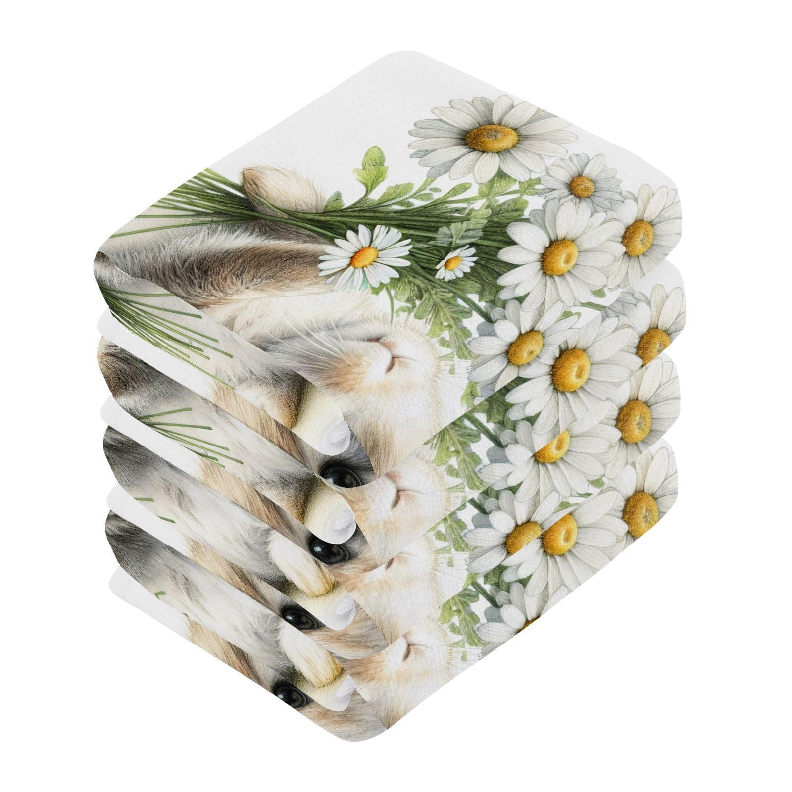 YANENDIE Cute Rabbit with Daisies Washcloths Towels, Highly Absorbent and Soft Cotton Face Cloths, 4 Pack Quick Dry Wash Cloths - 12 X 12 Inches
