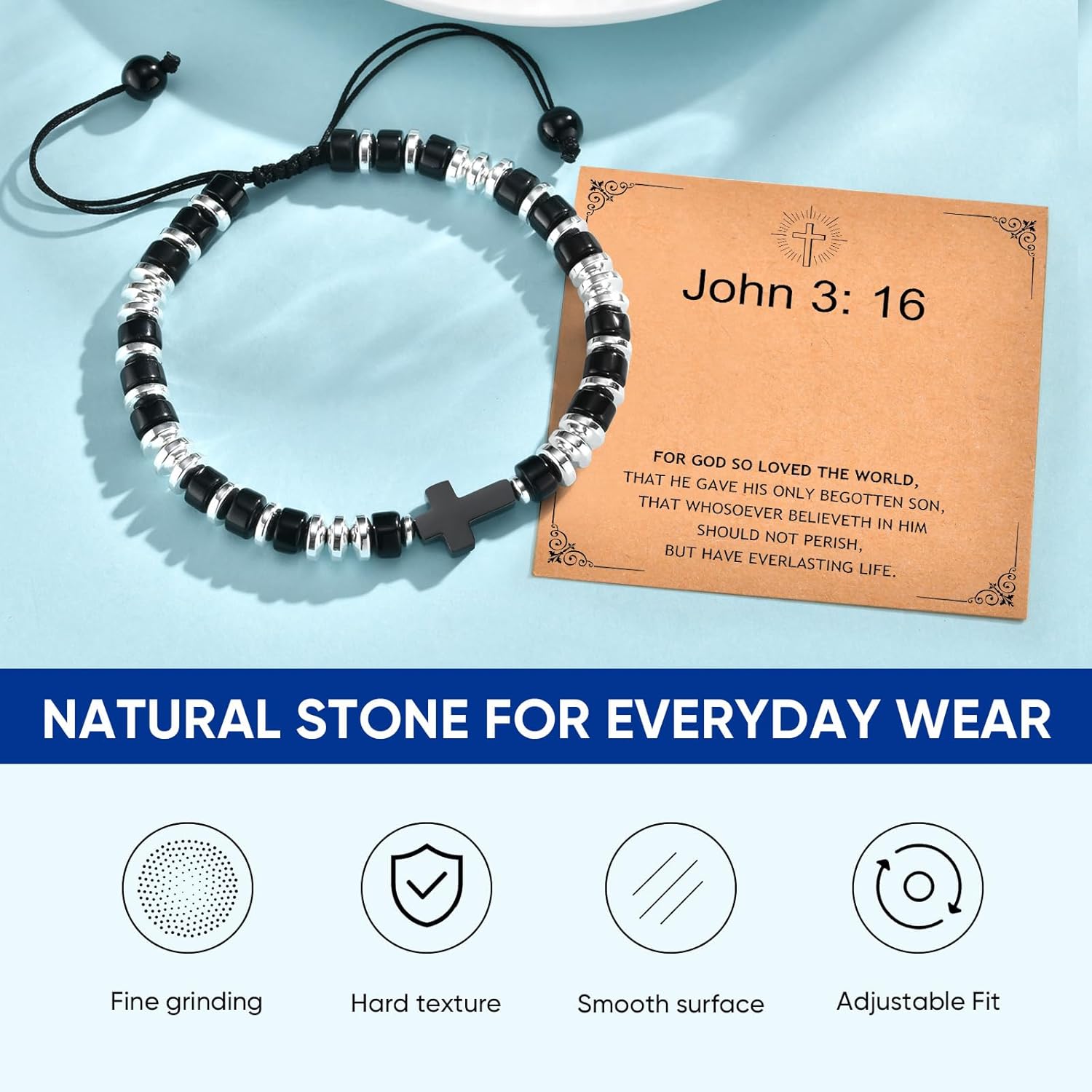 Christian Gifts for Men Beaded Bracelets - Adjustable Black Agate Beaded Cross Bracelets Handmade Beads Braided Rope Bracelet Easter Christmas Birthday Valentines Day Jewelry Gifts for Him Boyfriend - Image 5