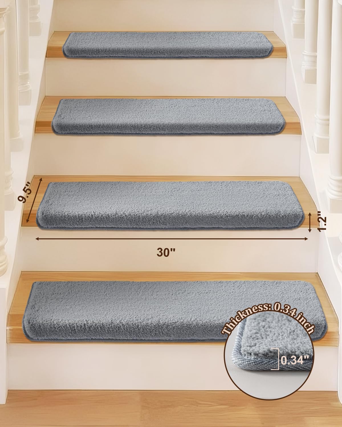 bullnose stair treads for wooden steps: non slip peel and stick carpet stair protectors indoor stair mat runner 9.5'' x 30'' 14pcs grey grey 14 pieces
