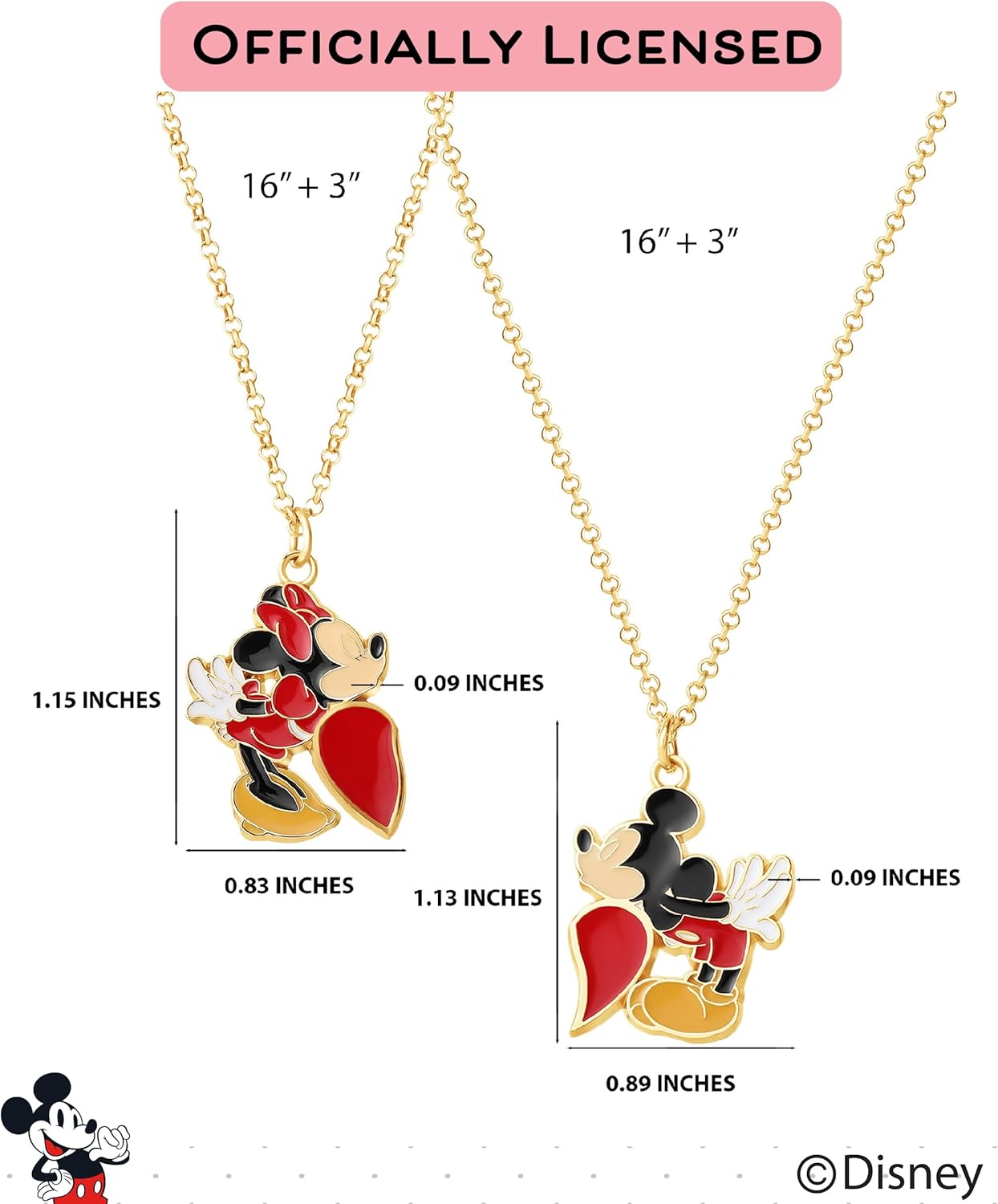 Minnie ve Mickey Mouse çift kolyesi, resmi lisanslı, 16 inç + 3 inç, şık takı, Disney çift kolyesi, hem erkekler hem de kadınlar için uygundur.