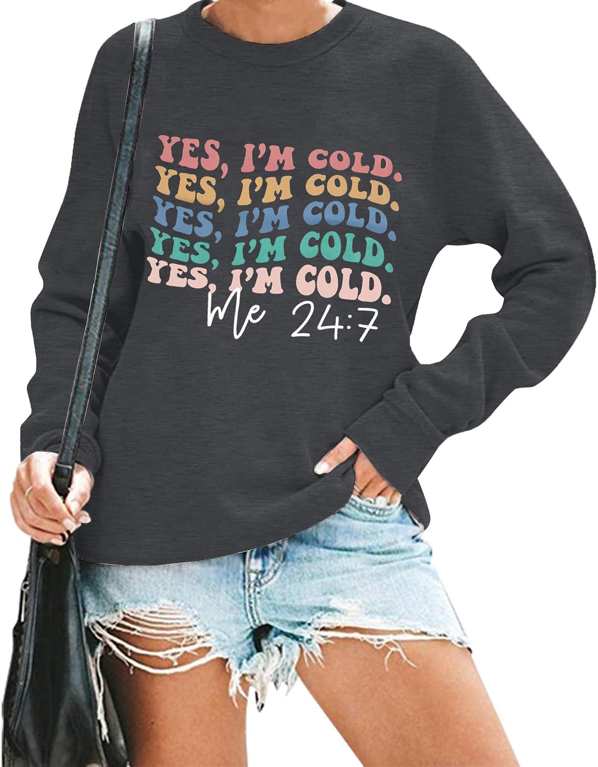 Yes I'm Cold Me 24:7 Sweatshirt for Women Funny Letter Print Winter Sweatshirt Crewneck Pullover Top