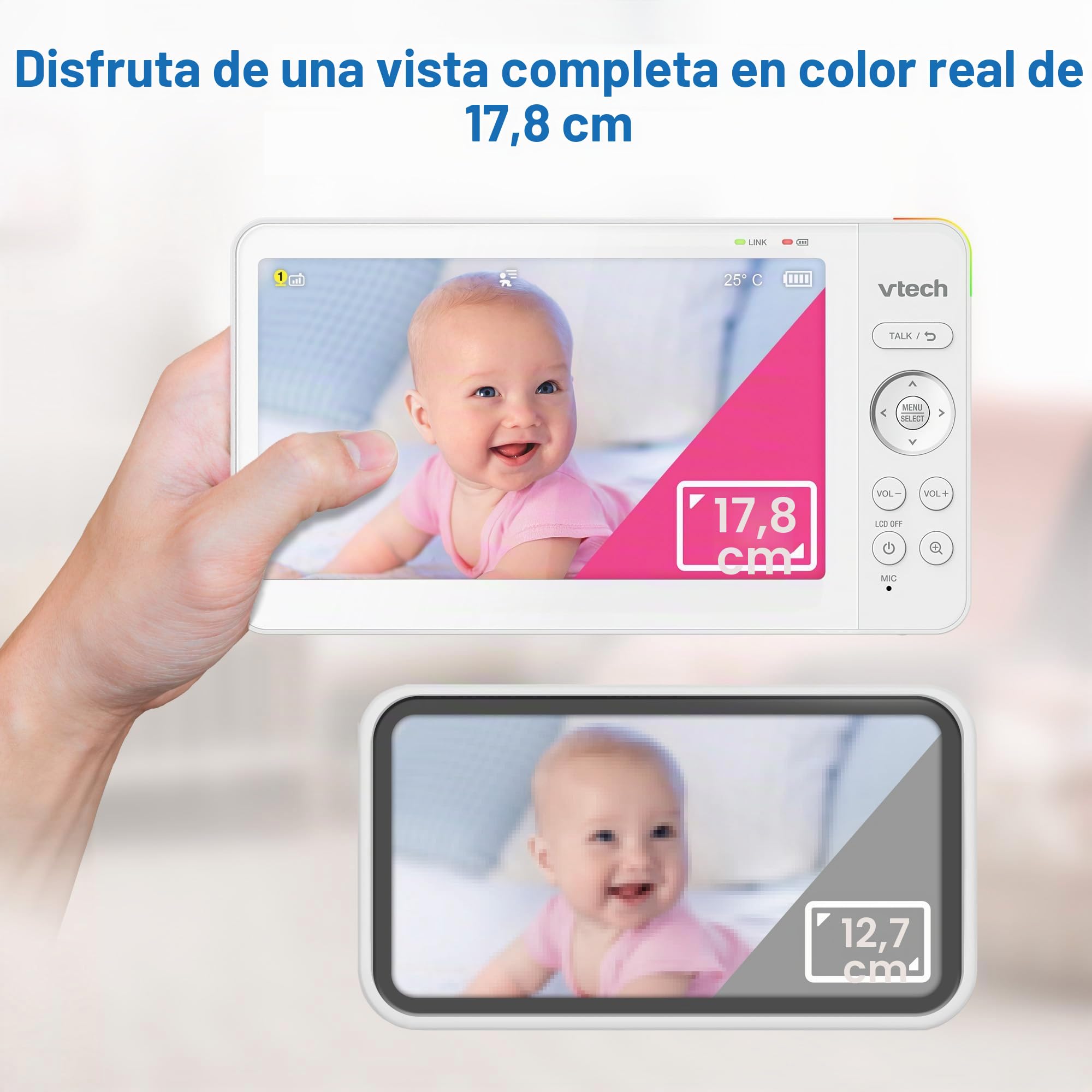 VTech VM7467 Monitor de bebé con Pantalla LCD de 7 Pulgadas, Zoom de inclinación panorámica Remoto, visión Gran Angular de 178°, Sonidos relajantes y Canciones de Cuna, luz Nocturna Multicolor,
