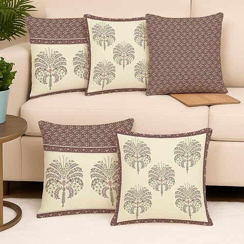 BRICK HOME Printed Home Decor Canvas Cotton Cushion Covers Set of 5 (16 X 16 Inches) (Gold)