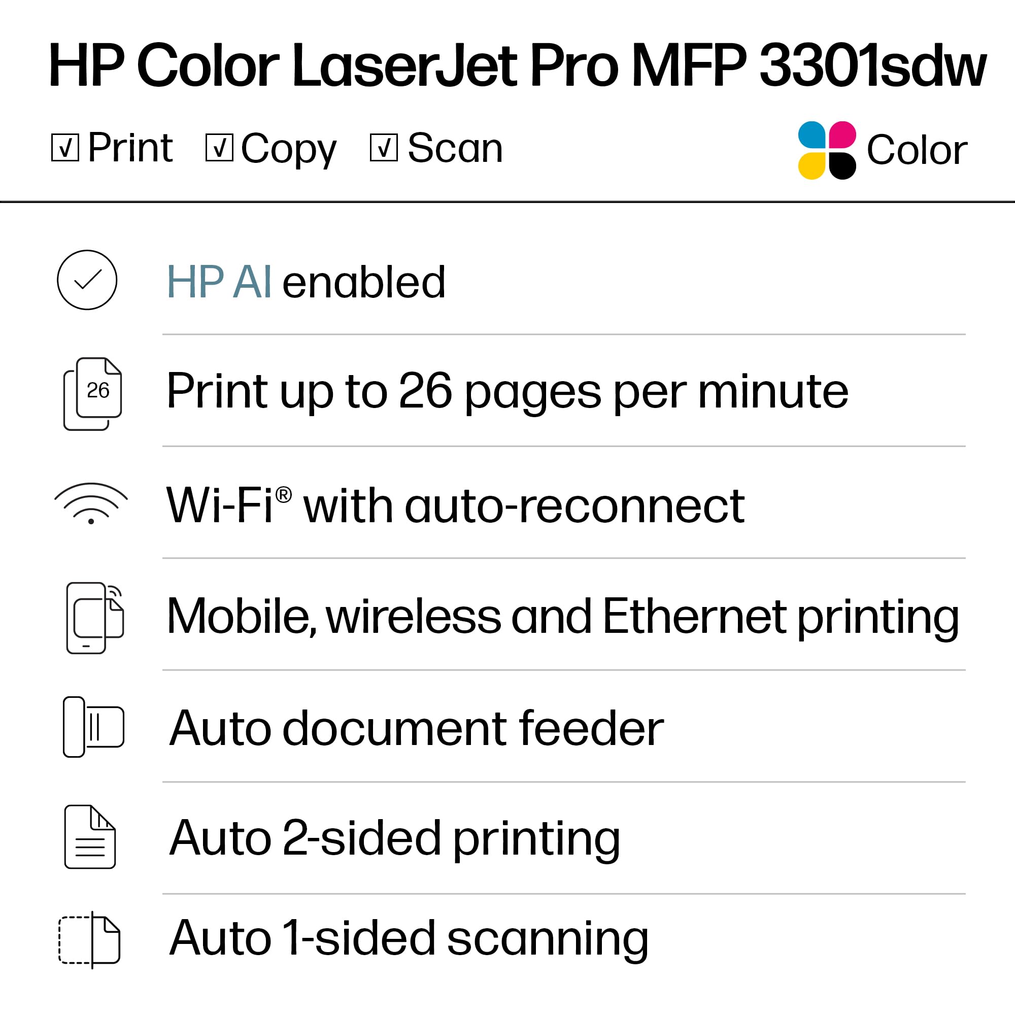 HP Color Laserjet Pro MFP 3301sdw Wireless All-in-One Color Laser Printer, Office Printer, Scanner, Copier, ADF, Duplex, Best for Office (499Q3F)