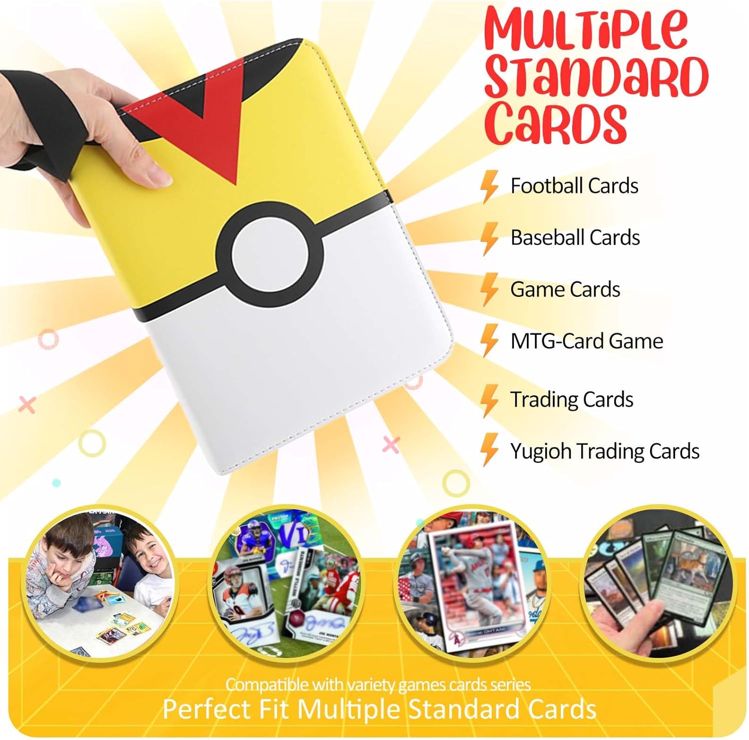 Card Binder 4 Pocket, Trading Card Holder Fits 400 Cards With 50 Removable Sleeves, Portable Collection Card Ablum, Game Card Case book With Zipper for Gift Yellow