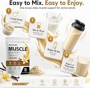 Muscle Support Protein Powder, Vanilla Flavor, High Protein Formula with Whey Protein Hydrolysate, L-Leucine, HMB, B12, Chromium & Rosemary Extract, 8.81 oz 15 Servings