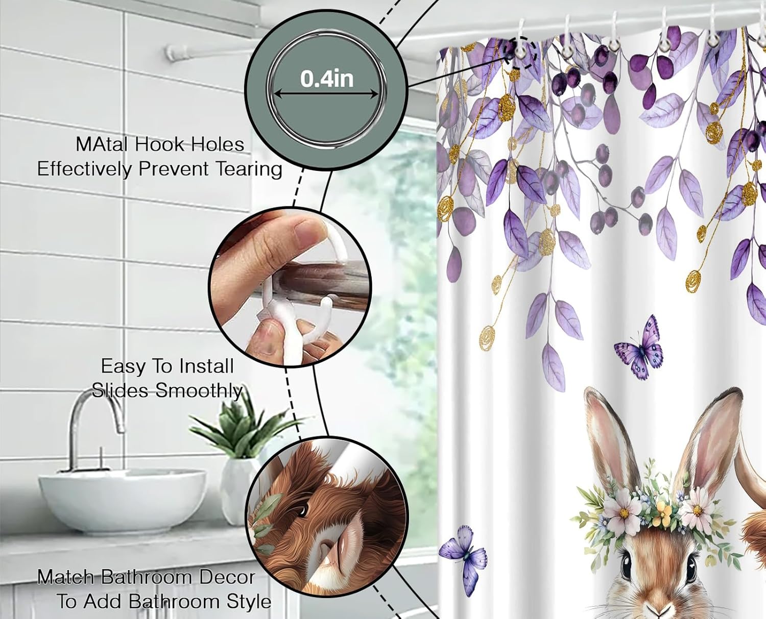 Easter Highland Cow Shower Curtain Eucalyptus Leaves Cute Bunny Farmhouse Rabbit Spring,Purple 70" Wx84 H Fabric Bathroom Decor Curtain with Hooks