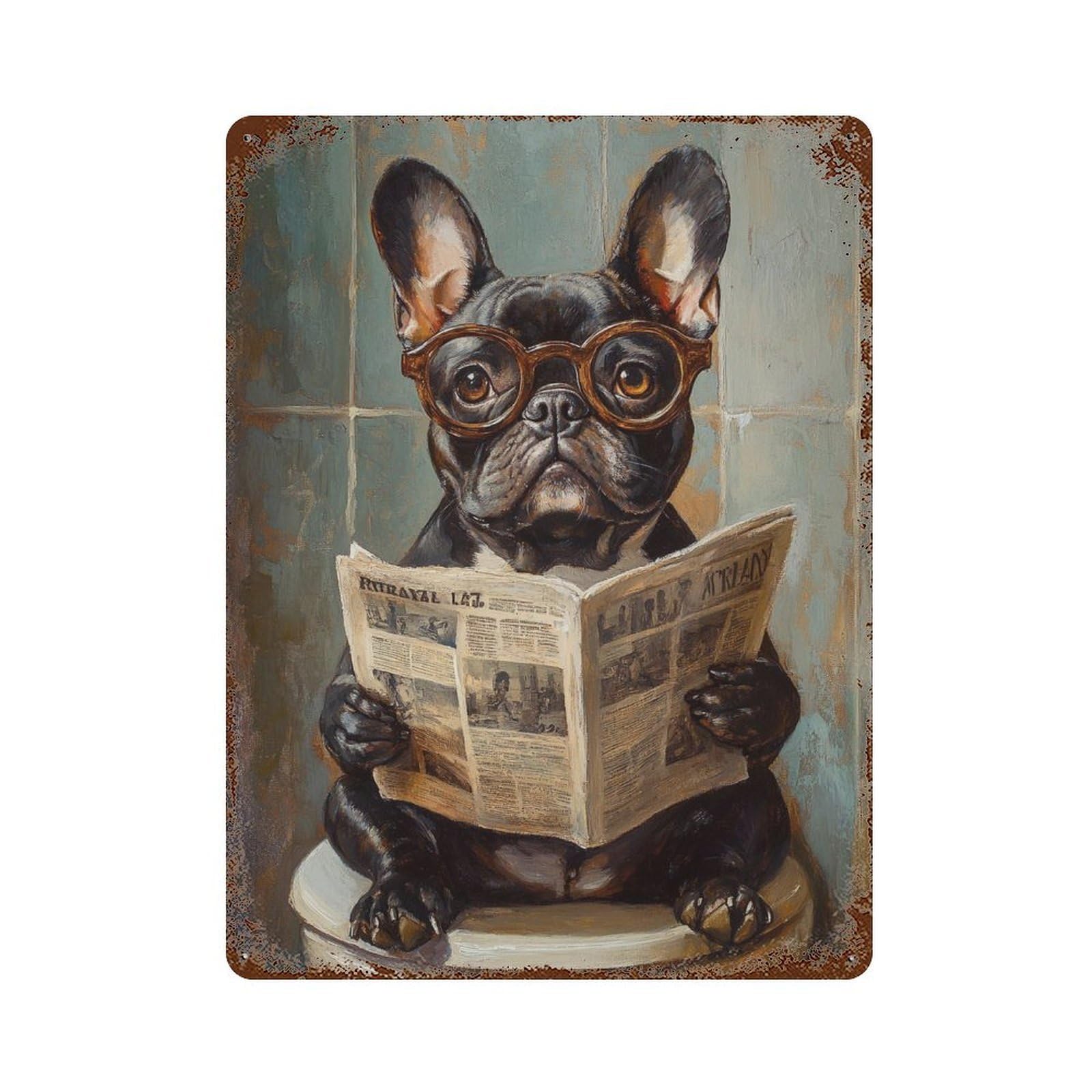 French Bulldog Reading Newspaper-2 15.7"x11.8" Weathered Tin Sign, Shabby Chic Decor for Cafe, Home Bar And Lounge Decor