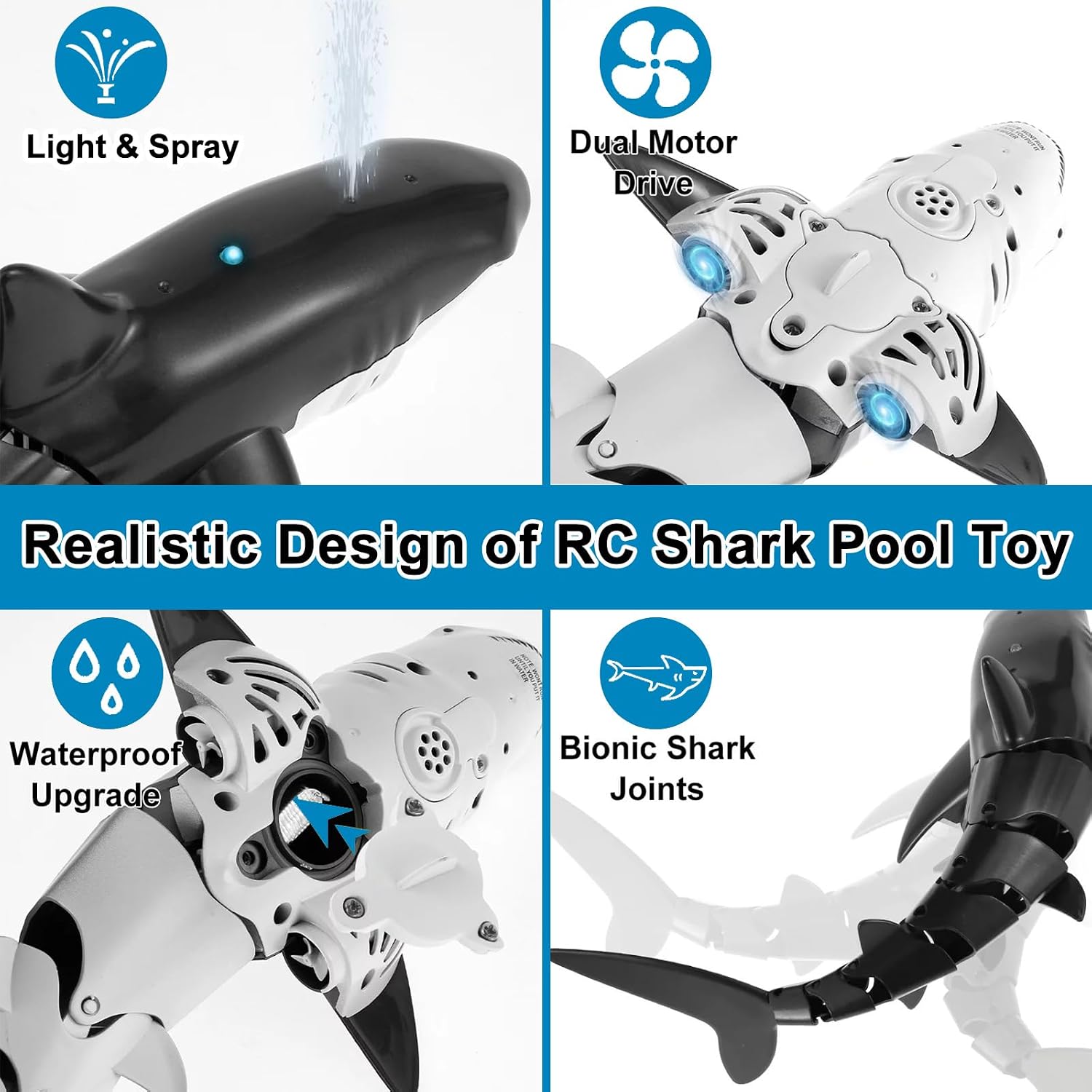 Pool Toy, Remote Control Shark Toy for Boys, Bath Toy for Kids, High Simulation Shark RC Boat Boy Toy with Light & Spray Water, Gift for 6+ Year Old Boys Girls, Black