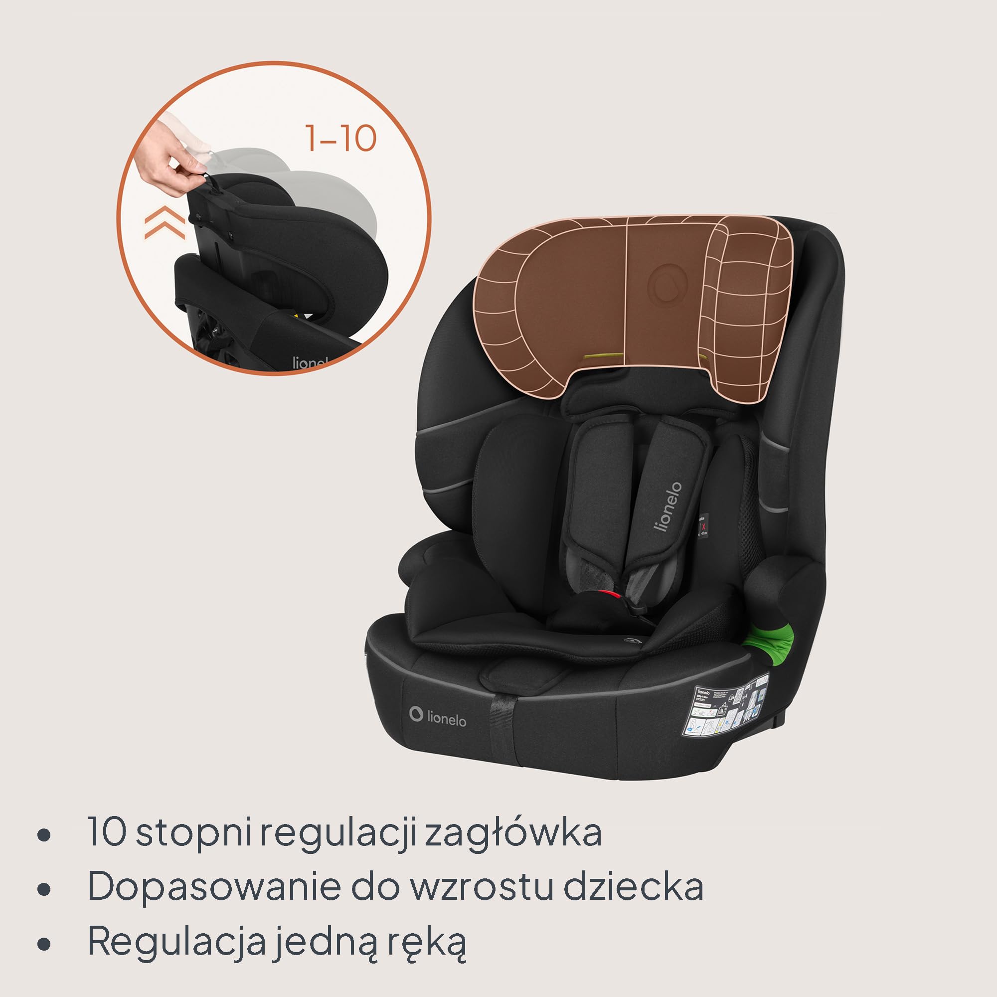 LIONELO Fotelik samochodowy Billy i-Size dla dzieci 76-150 cm (15 miesięcy – 12 lat) montaż na pasku lub na pasku, 10-pozycyjny zagłówek, ochrona boczna, górny pasek mocujący, 5-punktowa uprząż z