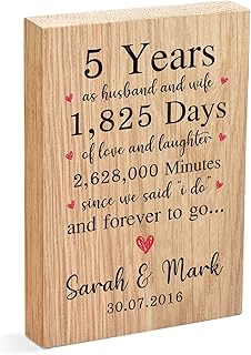 Oak Wood 5th Wedding Anniversary Gifts For Husband Wife Couple, PERSONALISED Wood Anniversary Gifts Him Her, Wood Wooden Gifts for 5th Wedding Anniversary, 5 Years As Husband And Wife, Oak Block