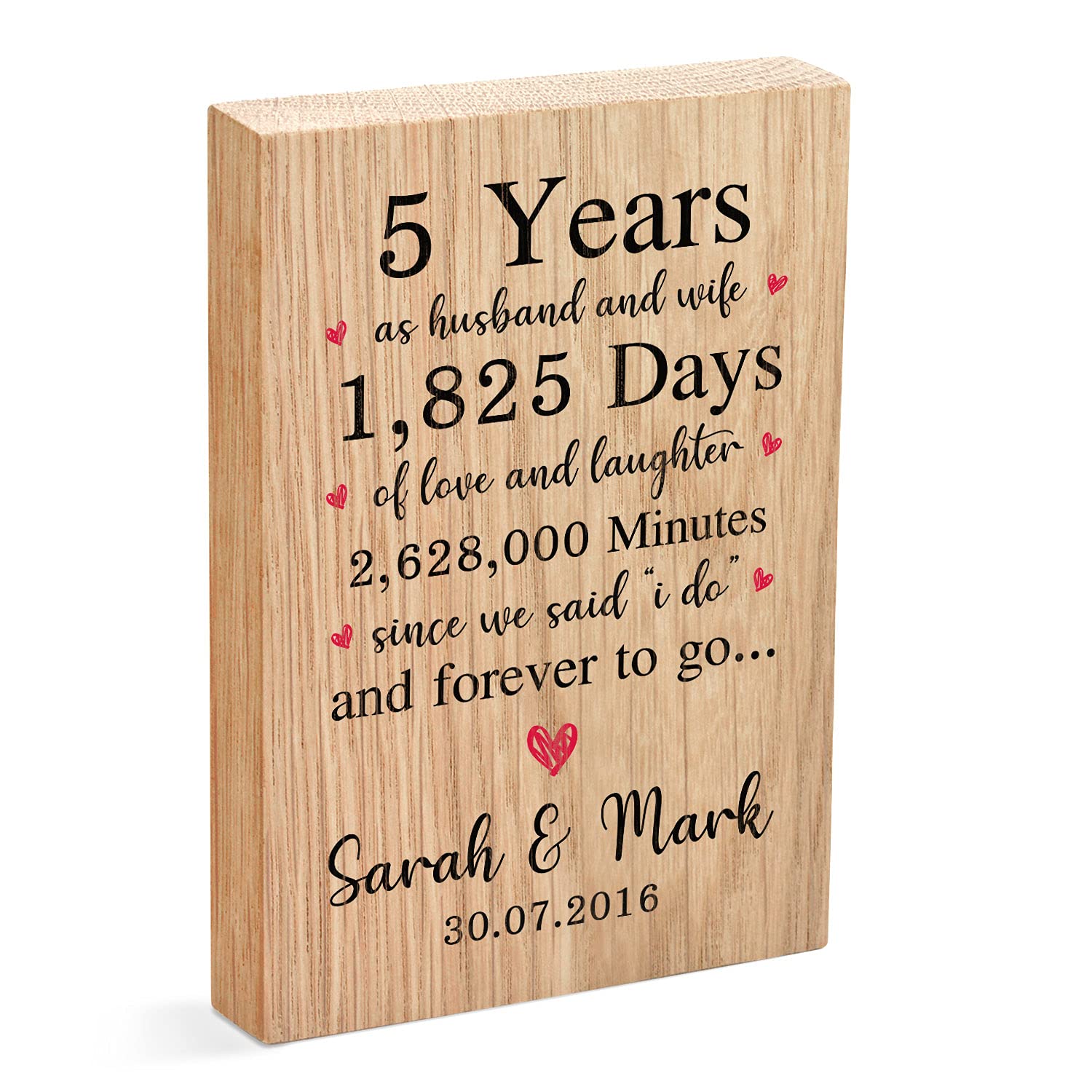 Beecreative Oak Wood 5th Wedding For Husband Wife Couple, Personalised Wooden Gifts for 5th Wedding Anniversary, 5 Years As Husband And Wife, Oak Block
