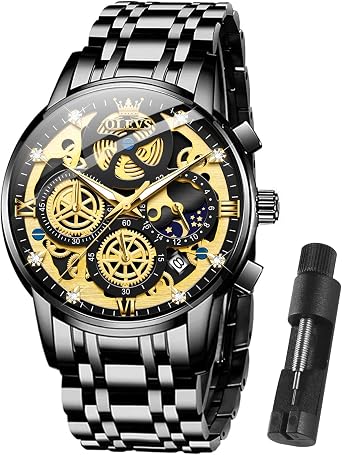 OLEVS Watches for Men Stainless Steel Watches Luxury Diamond Chronograph Multifunction Mens Watches with Date Business Classic Dress Watches for Men Gift reloj de Hombre, Black band, black face
