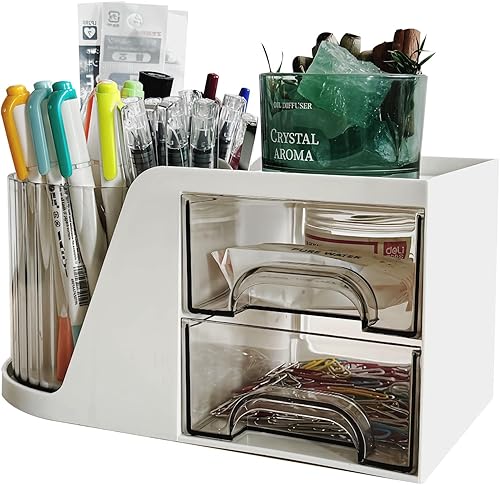 Organizador de escritorio giratorio con 6 ranuras para bolígrafos y 2 cajones, soporte para bolígrafos para accesorios de escritorio y suministros