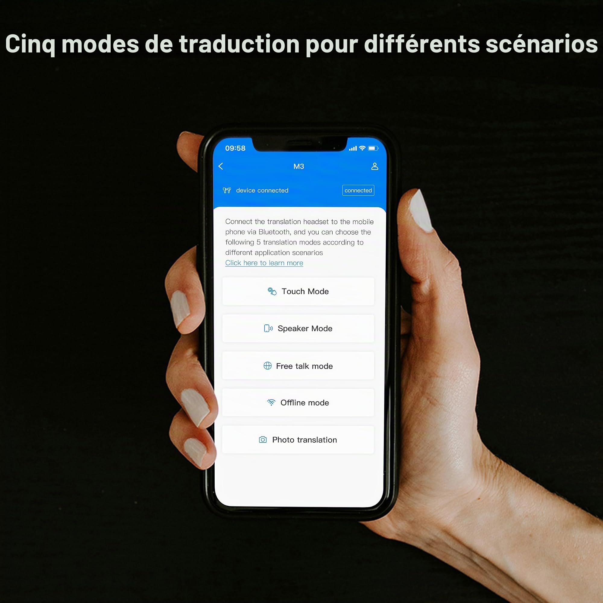 Anfier M3 Écouteurs de traducteur en temps réel avec 98 % de précision et réponse rapide en 0,5 s (sans emballage hors ligne) Noir
