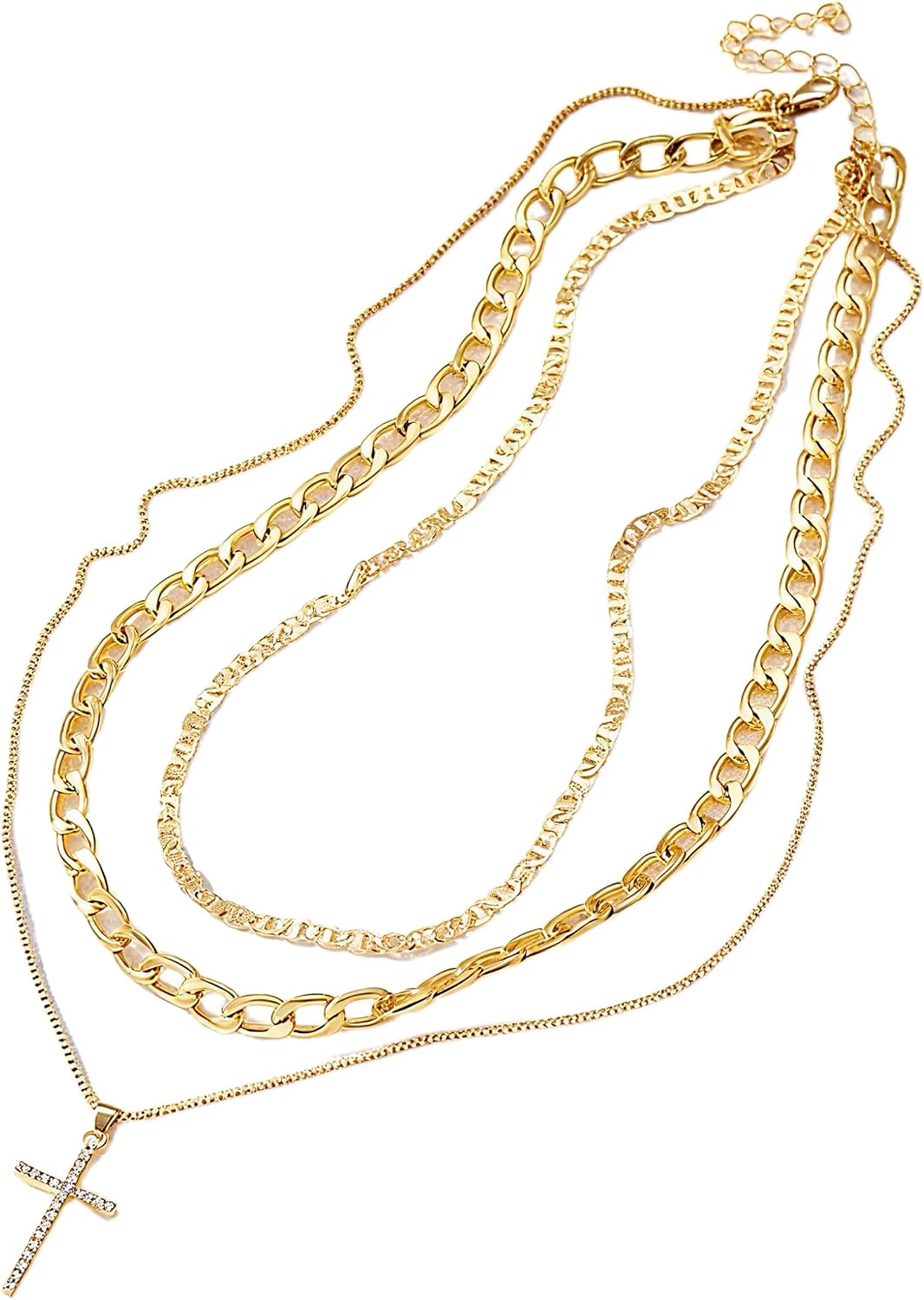 Gold-Tone Layered Necklace for Women, Dainty Cross Pendant, Snake Chain and CZ Lariat, Trendy Stackable Jewelry Gift