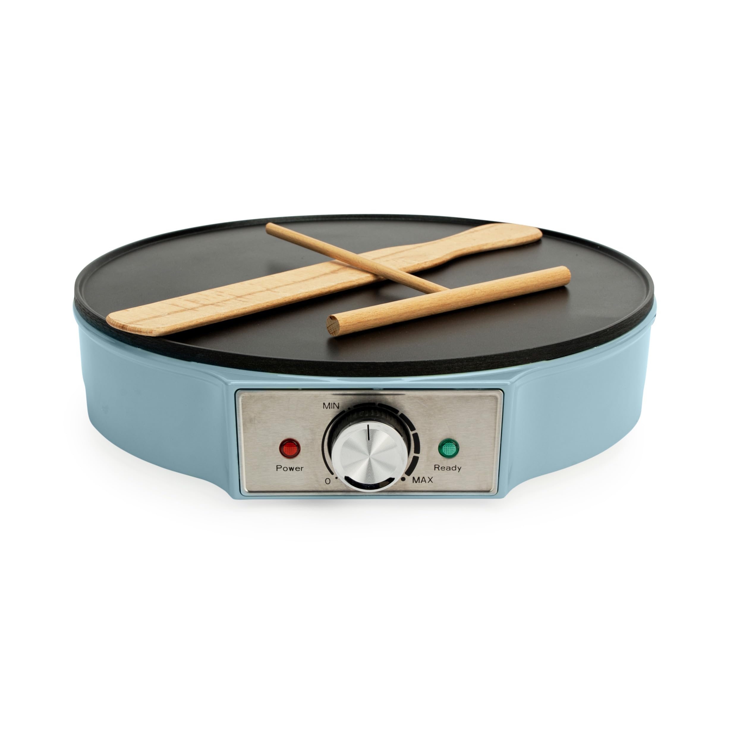 Giles & Posner Crêpière – Plaque Chauffante Électrique pour Crêpes, Antiadhésive, Grande Plaque de 30 cm (12”), Température Ajustable, Répartiteur de Pâte & Spatule, 1000W, Bleu