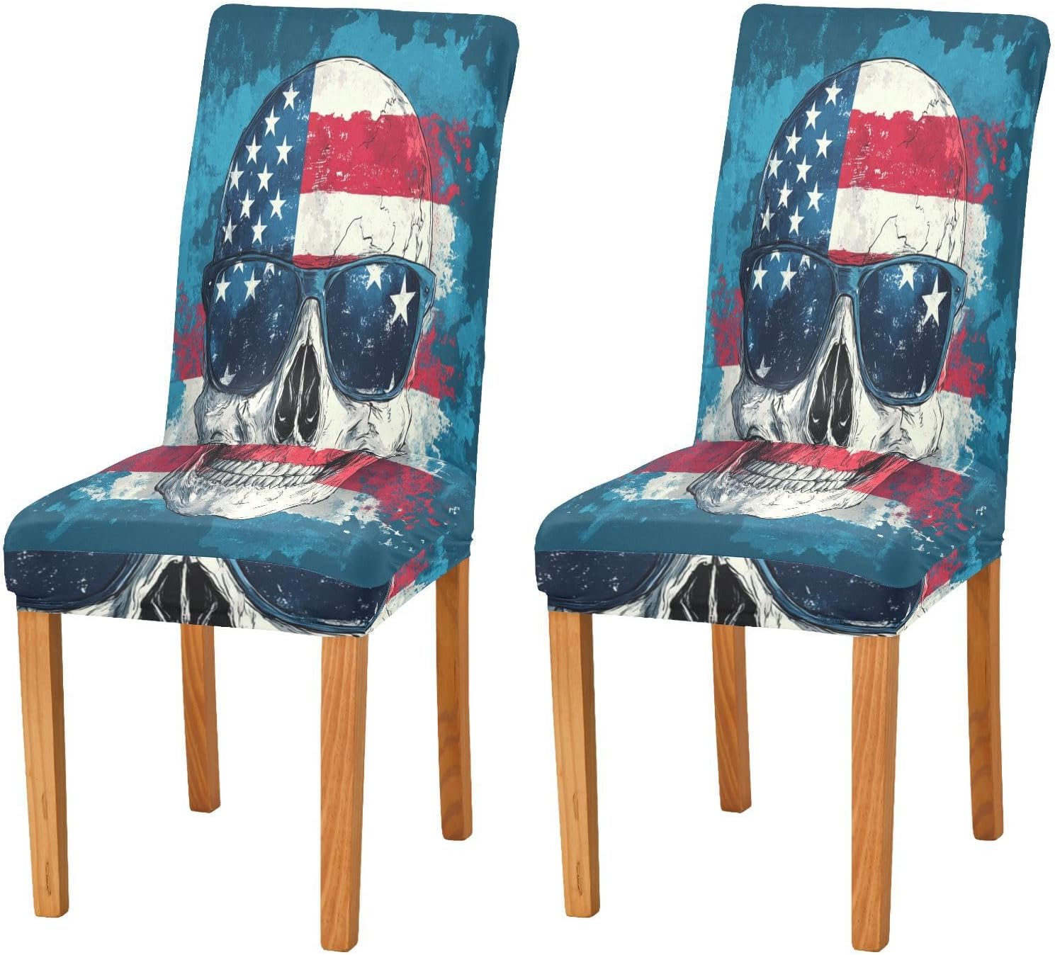 ALAZA Chair Covers for Dining Room, Skull in Sunglasses Flag of USA Stretch Chair Cover Sets Chair Protector Removable Washable for Ktichen Restaurant Hotel