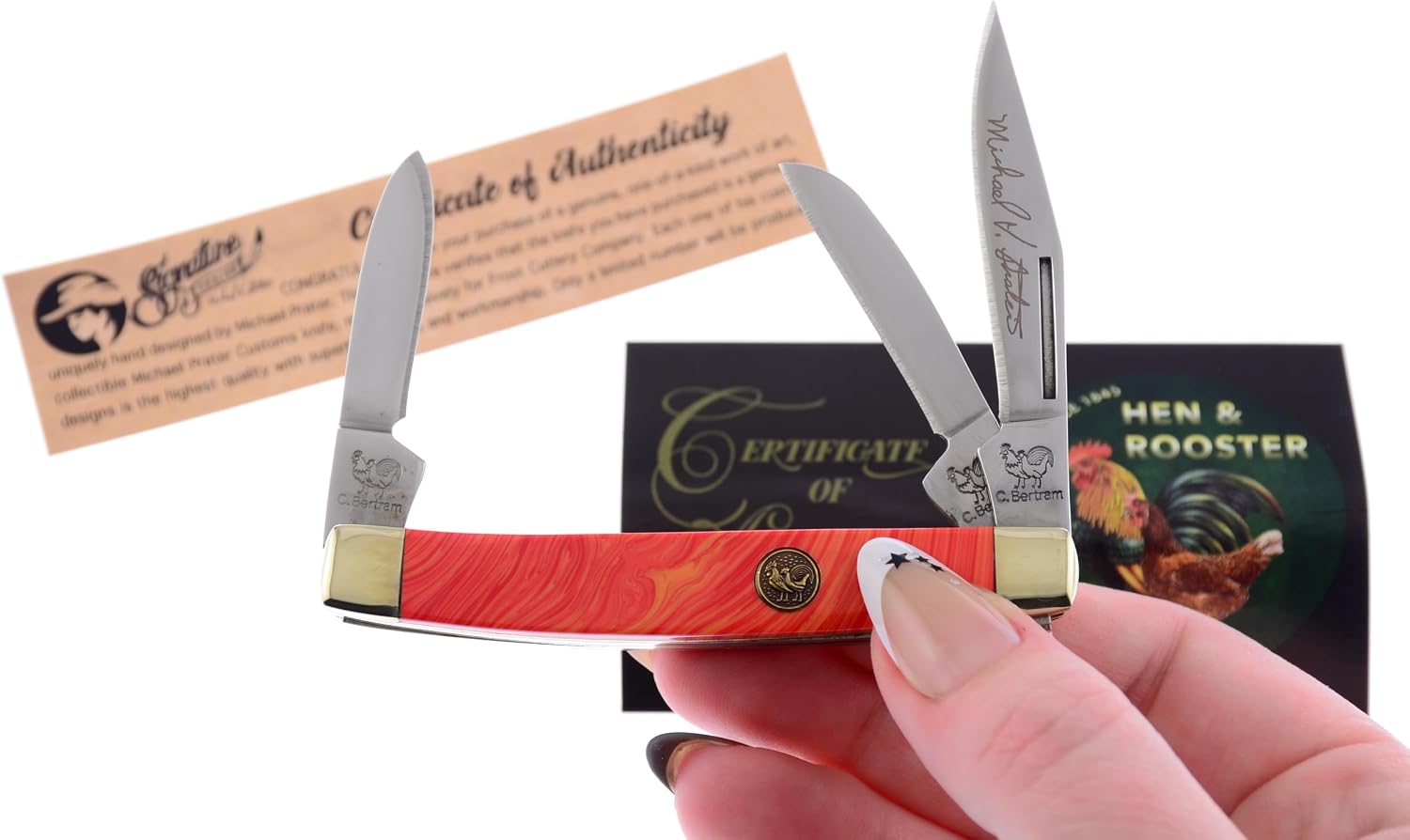 Hen & Rooster International Pocket Knife 273-MP/SO Stockman with a Custom Michael Prater Spiny Oyster Stone Handle German Stainless Steel Blades Closed 3.25 Inches