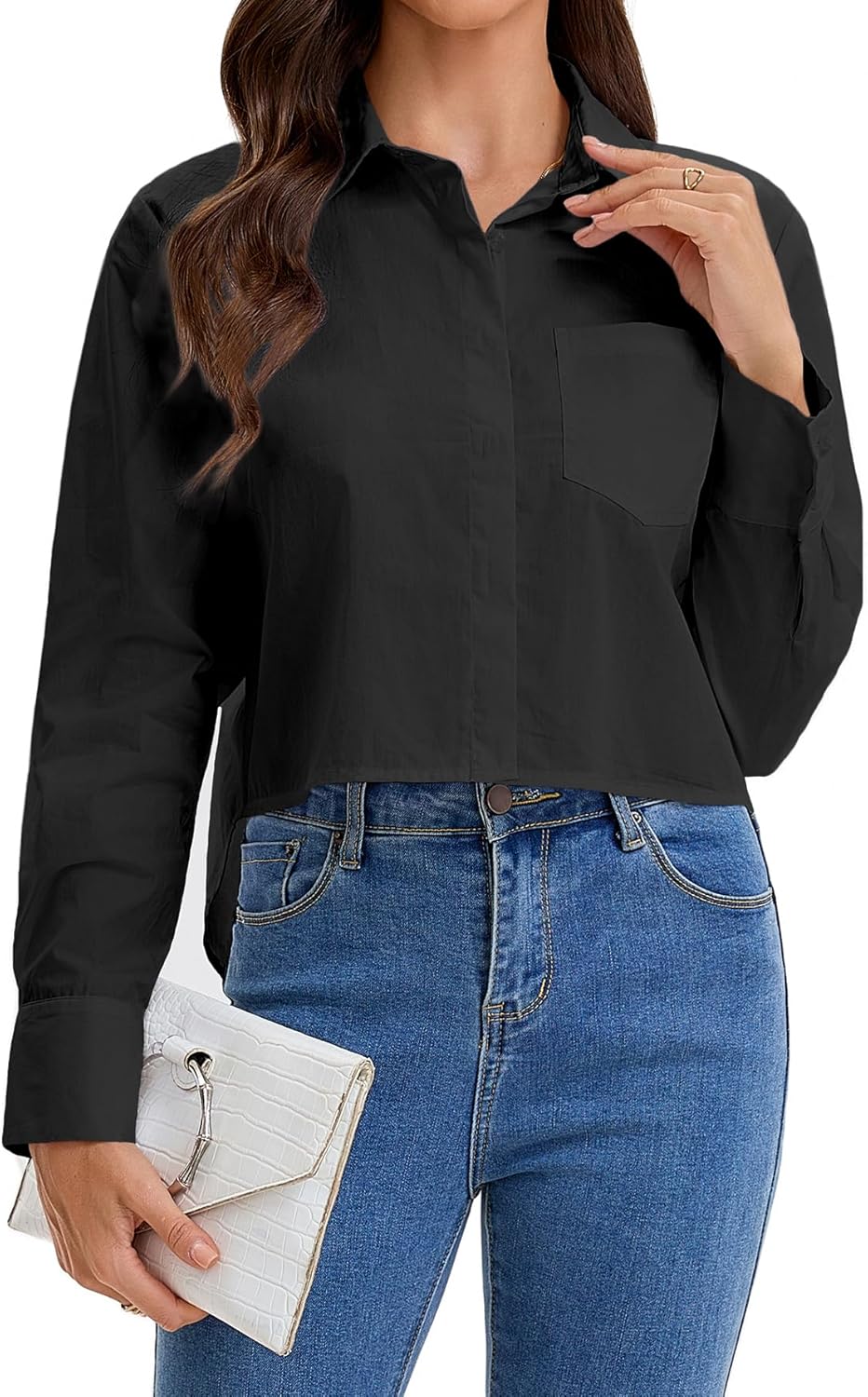 MISMI Womens Cropped Button Down Shirts 2025 Fall Trendy Casual Long Sleeve Crop Tops Button up Lapel Blouses with Pocket