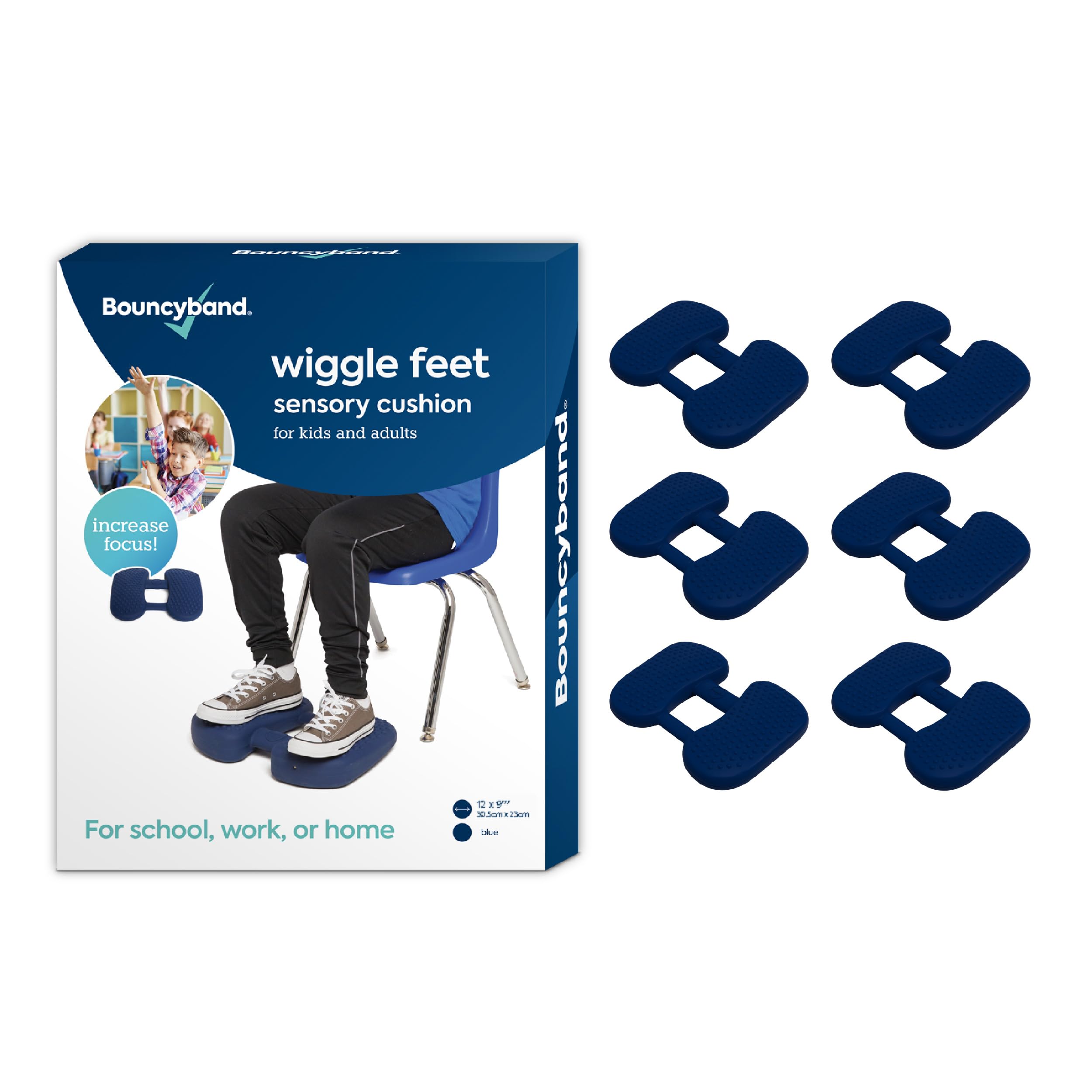 Bouncyband Wiggle Feet, Dark Blue, 6 Pack – Sensory Foot Cushion Quietly Facilitates Movement to Help Improve Concentration - 12” x 9” x 2.5” Sensory