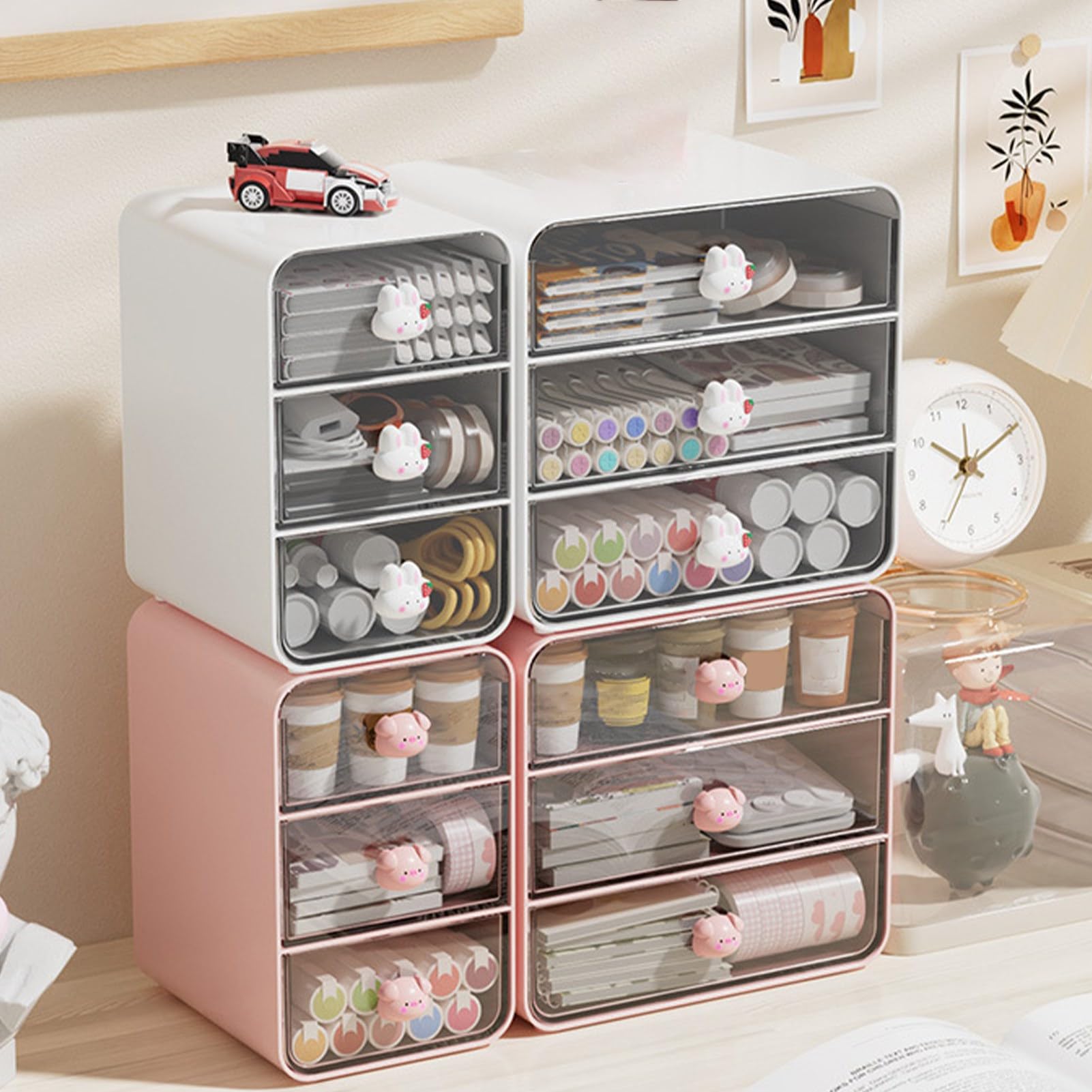 Stationaire organizer voor bureau, konijn handvat dubbellaagse lade doos, desktop gelaagde organizer, desktop organizer, make-up organizer laden