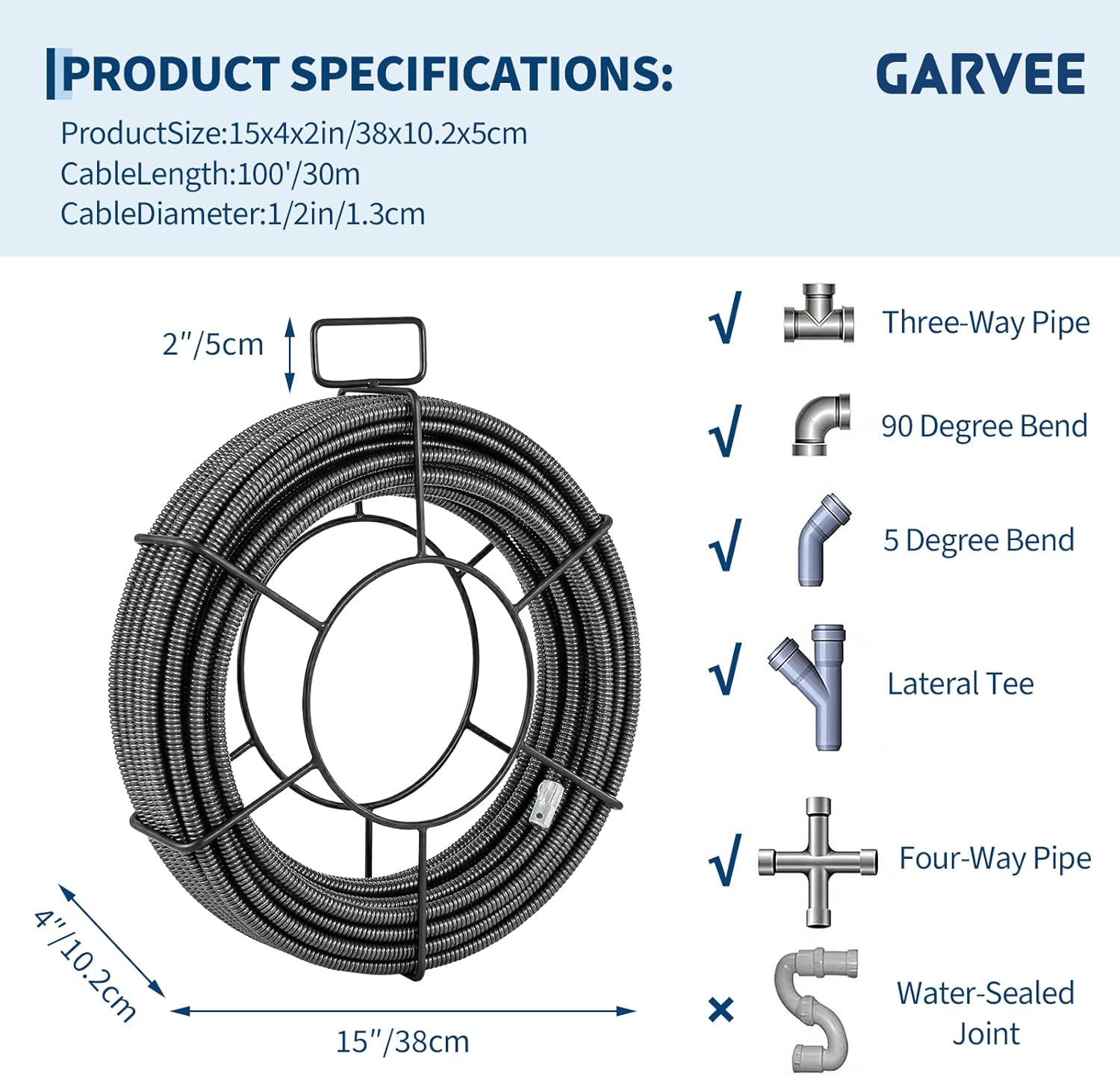 Garvee 100 ft x 1/2 Inch Solid Core Drain Snake Cable with 4 Cutter Shapes for Sewer, Pipe, and Drain Clog Cleaning - Heavy Duty Auger Tool